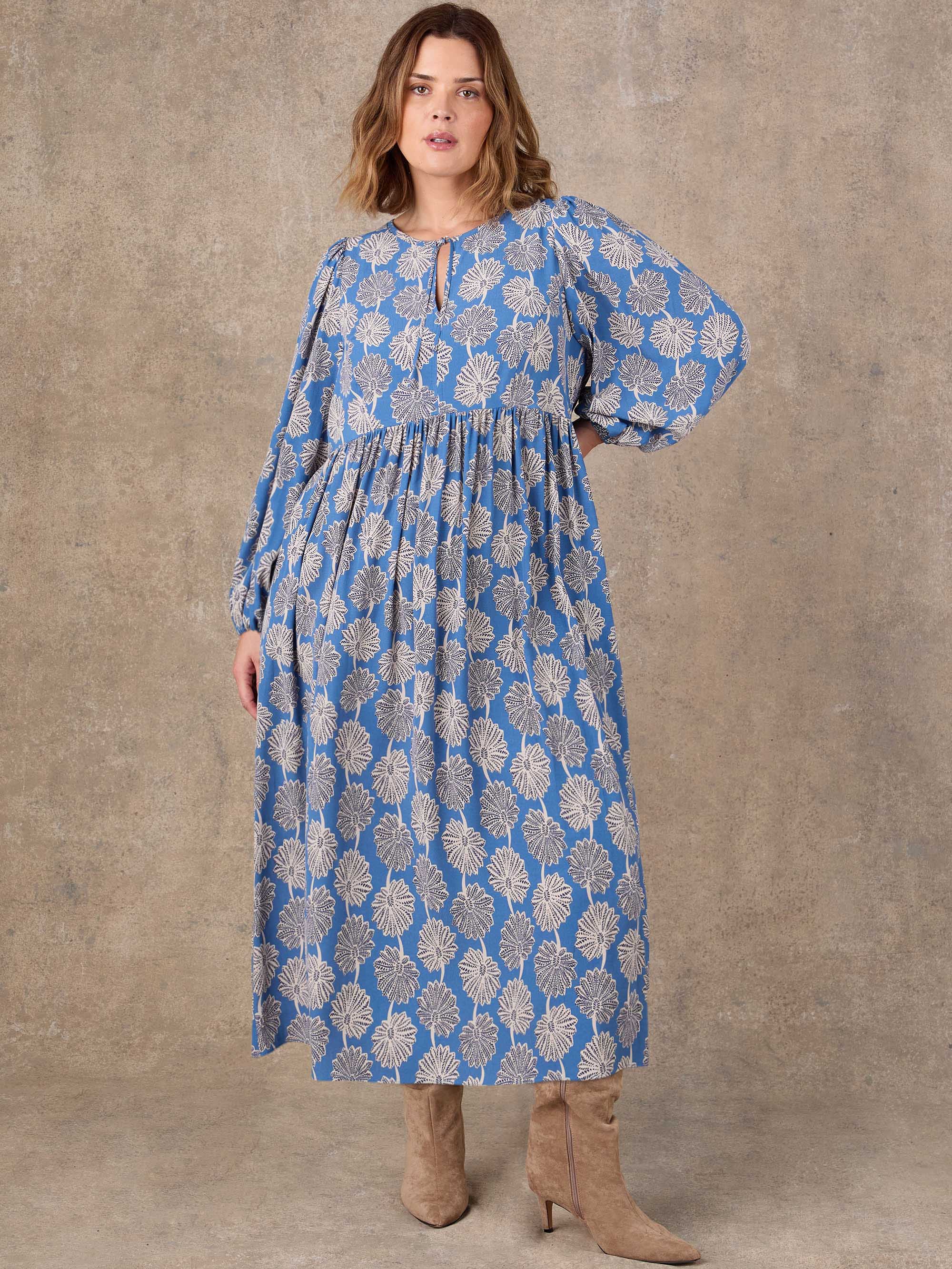 Blue Floral Print Tie Neck Midaxi Dress - Image 2