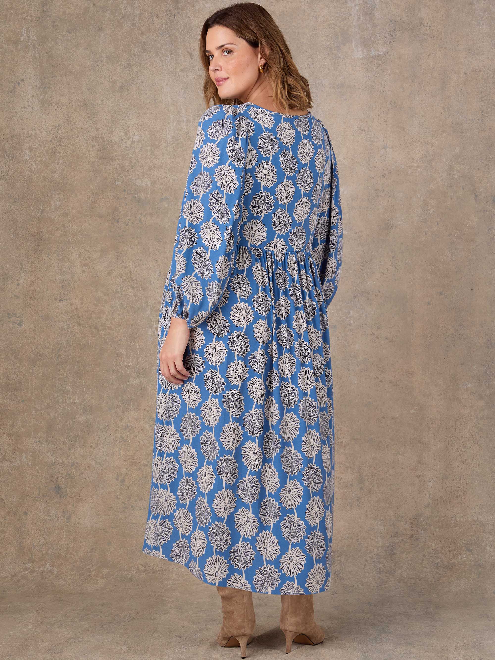 Blue Floral Print Tie Neck Midaxi Dress - Image 5