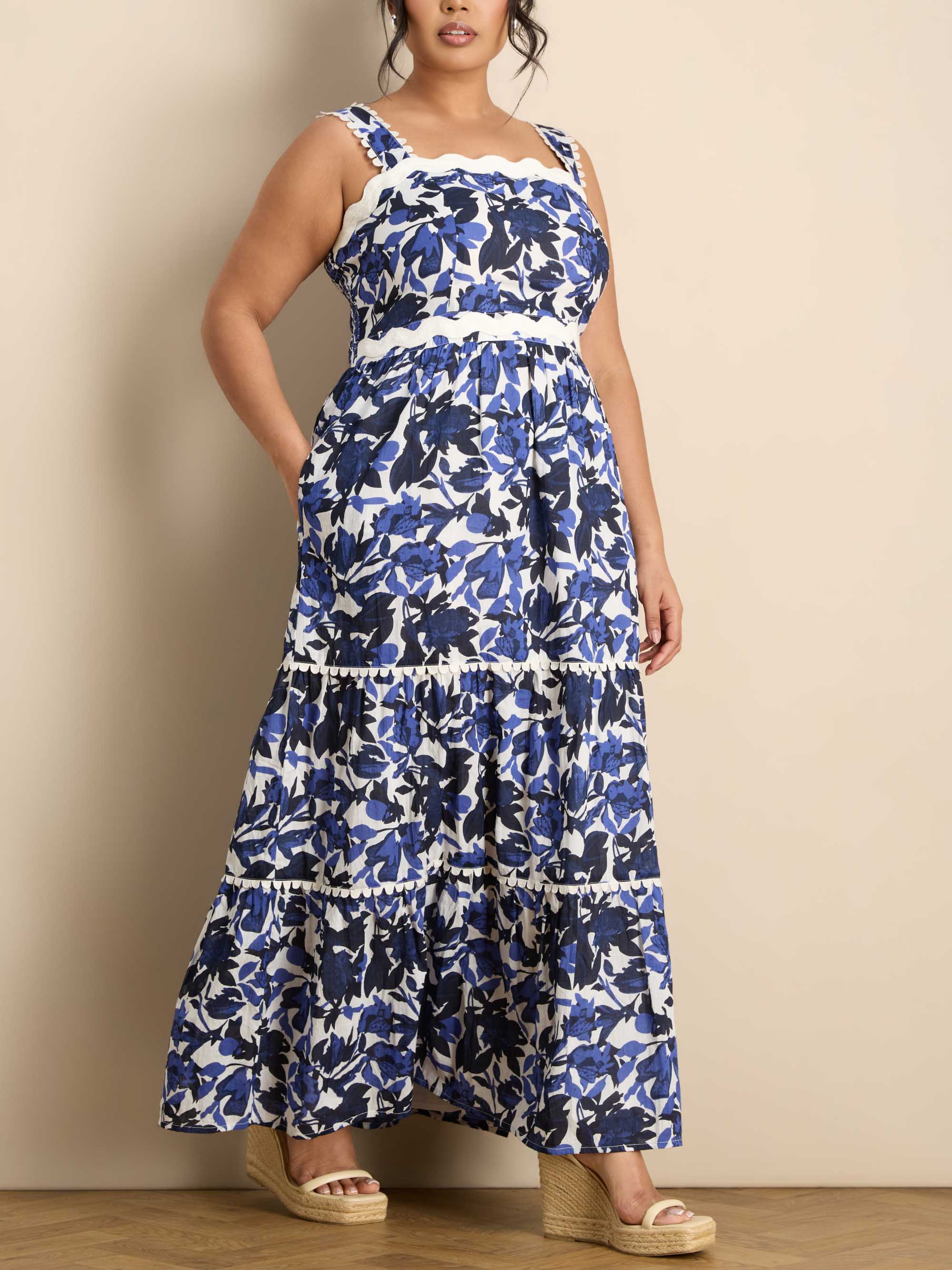 Blue Cotton Floral Print Tiered Maxi Dress - Image 3