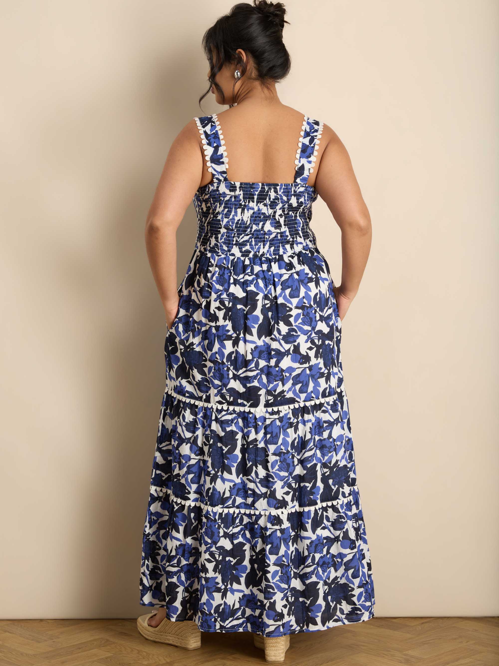 Blue Cotton Floral Print Tiered Maxi Dress - Image 5