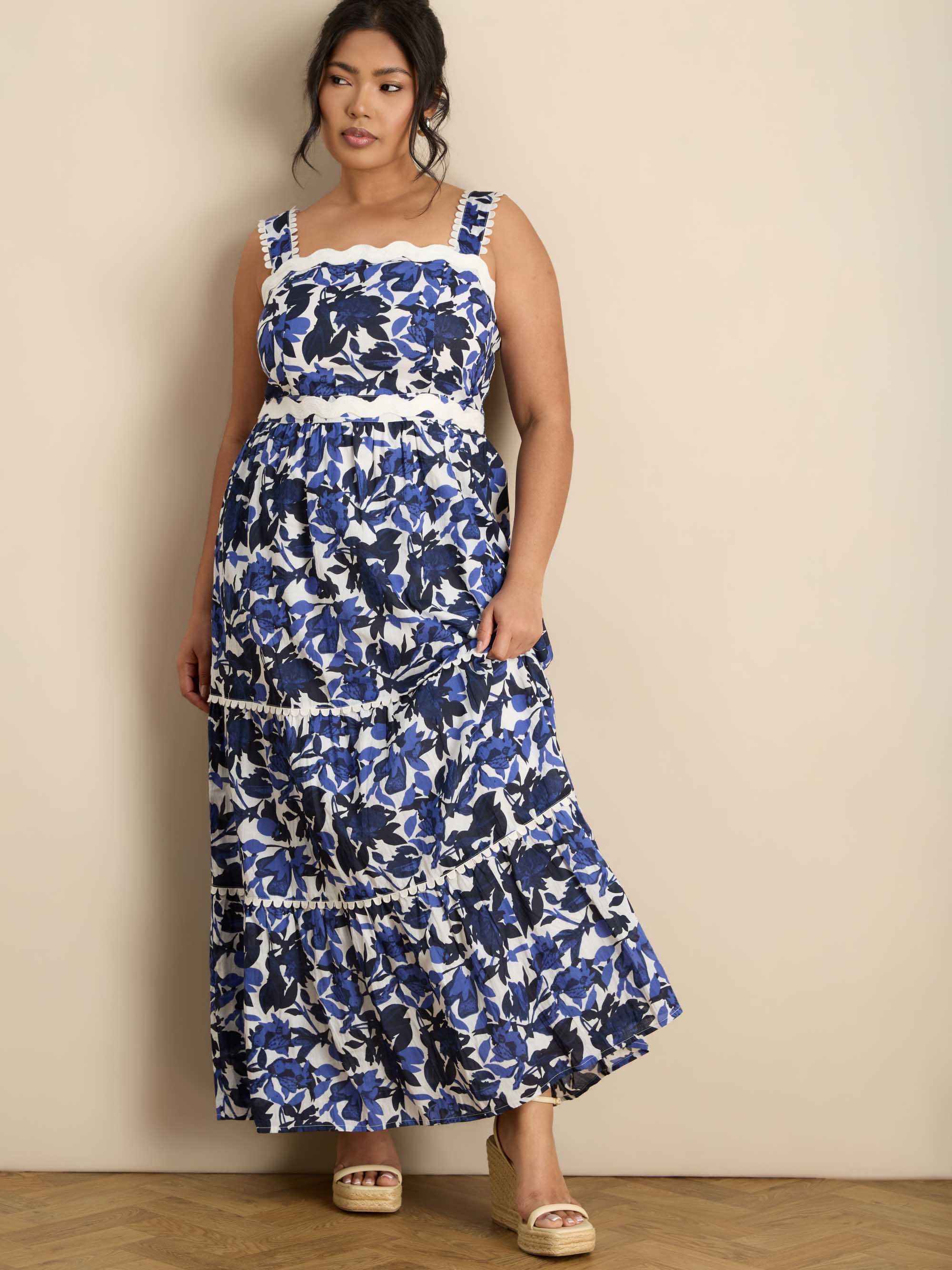 Blue Cotton Floral Print Tiered Maxi Dress - Image 6