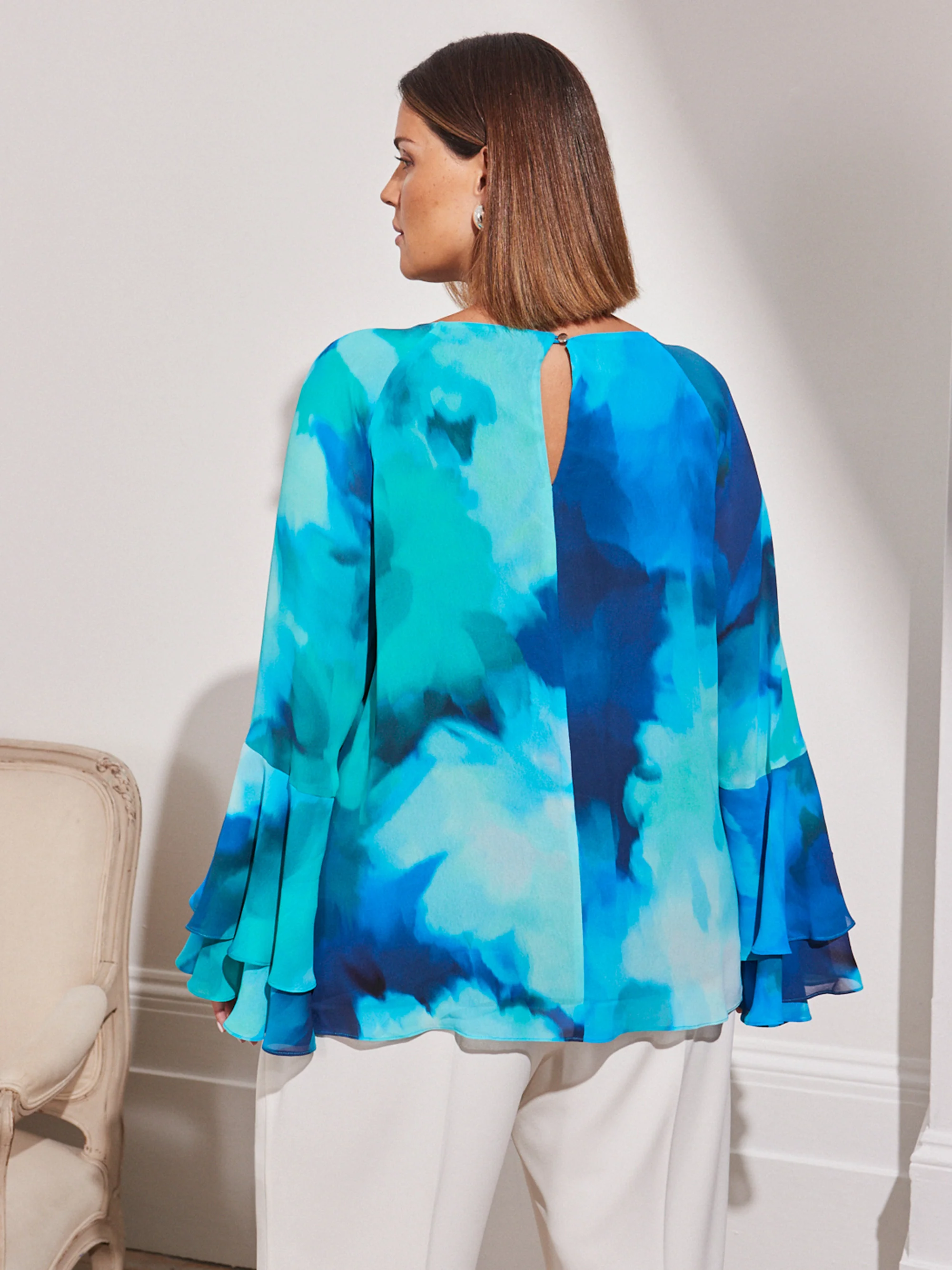 Blue Floral Printed Frill Blouse - Image 5
