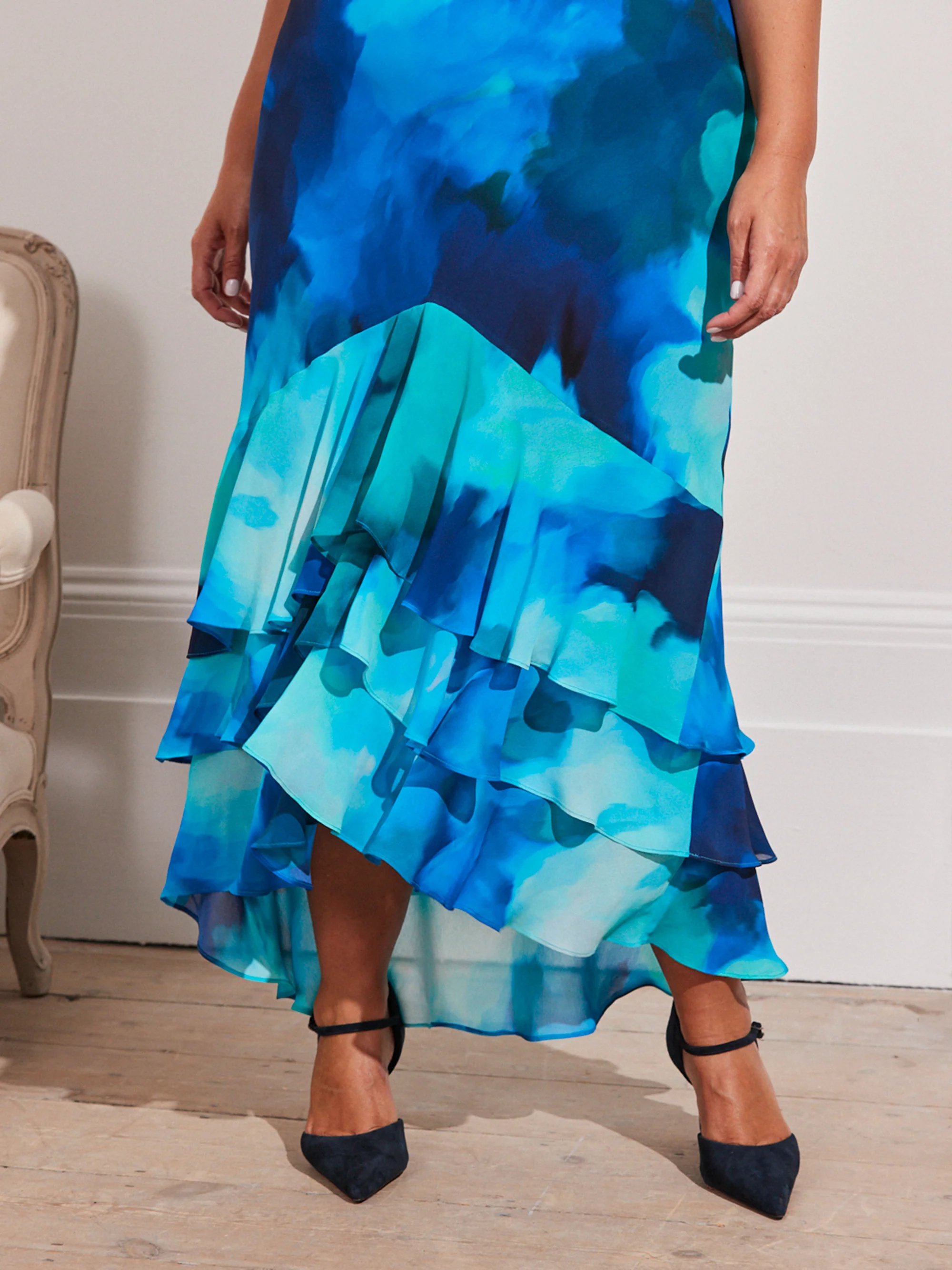 Blue Floral Scoop Neck Ruffle Dress - Image 3