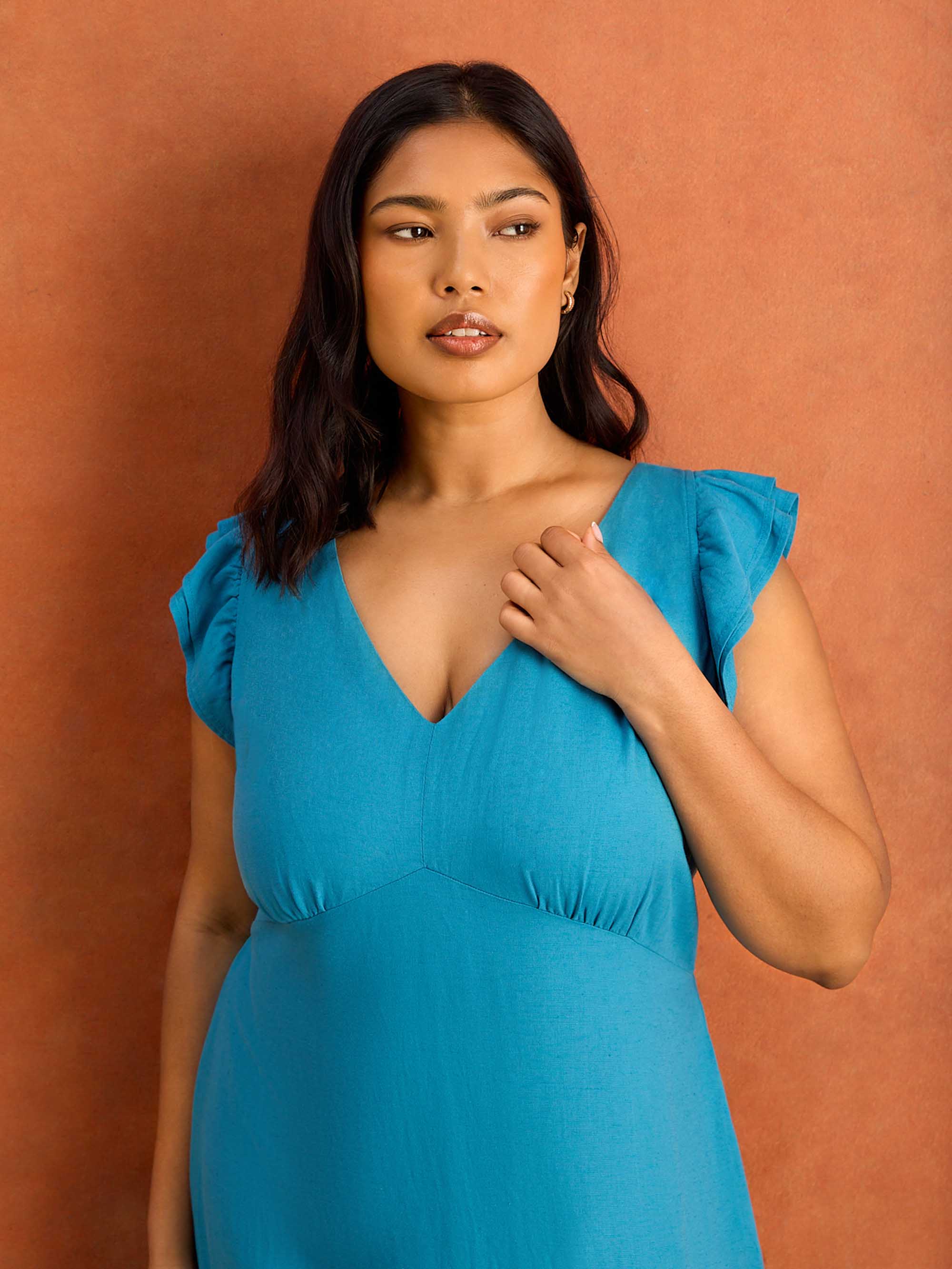 Blue Frill Sleeve Linen Blend Midi Dress - Image 3