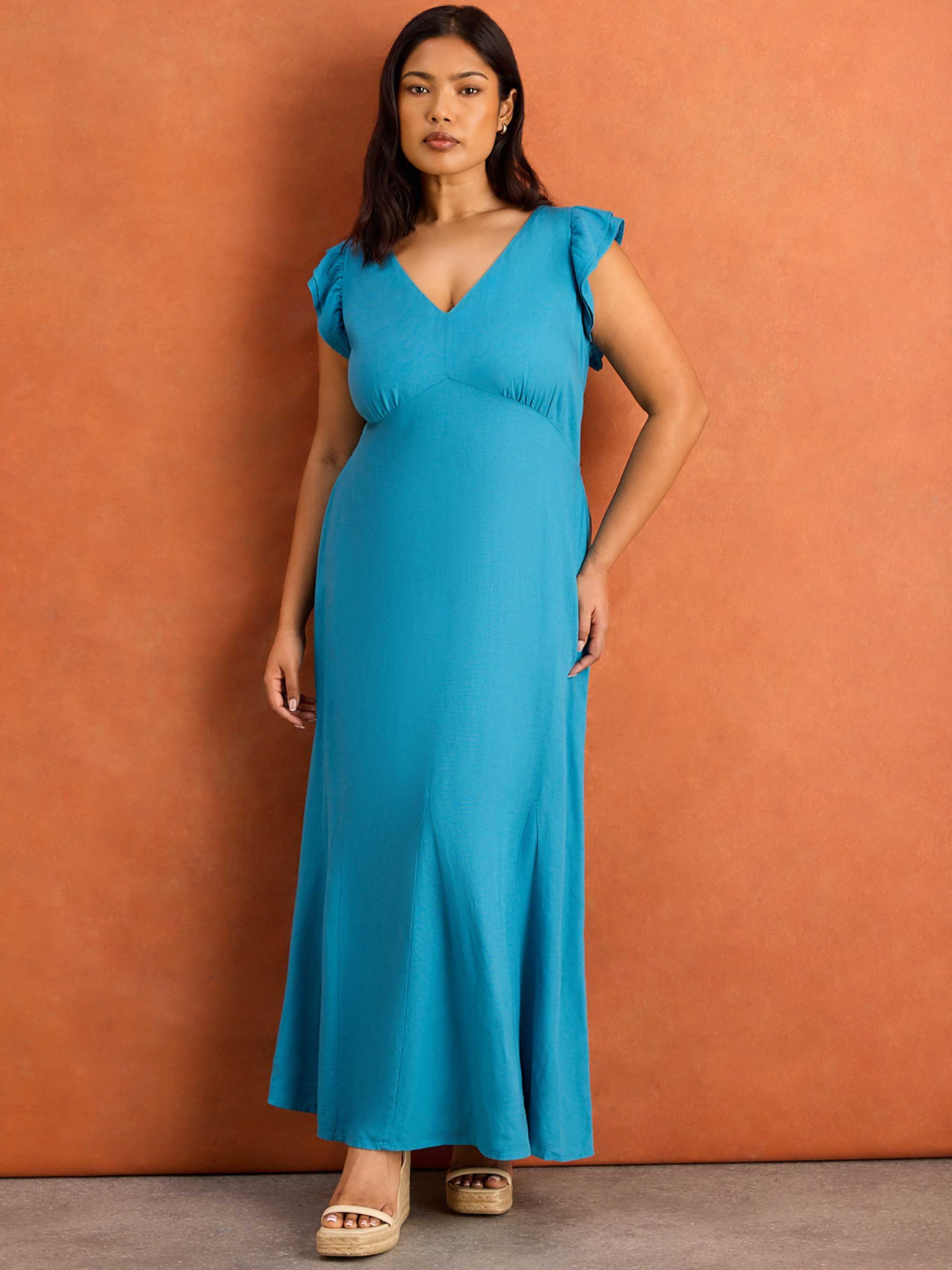 Blue Frill Sleeve Linen Blend Midi Dress - Image 6