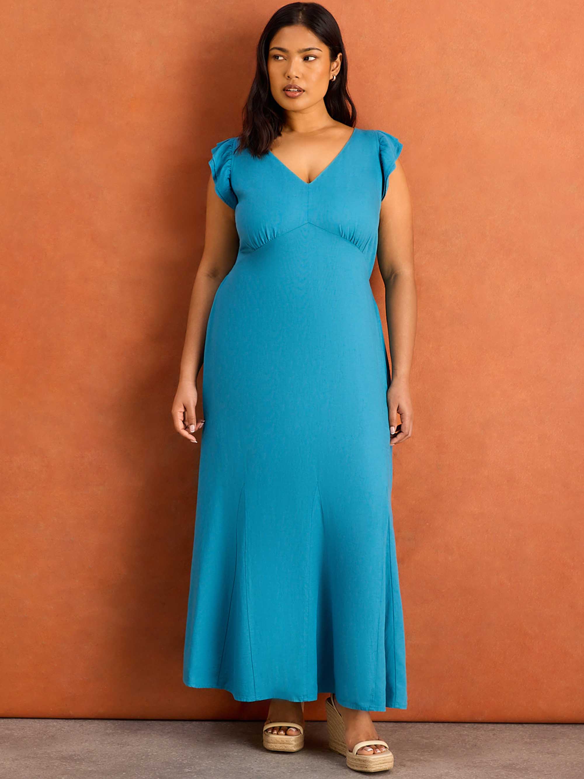 Blue Frill Sleeve Linen Blend Midi Dress - Image 7