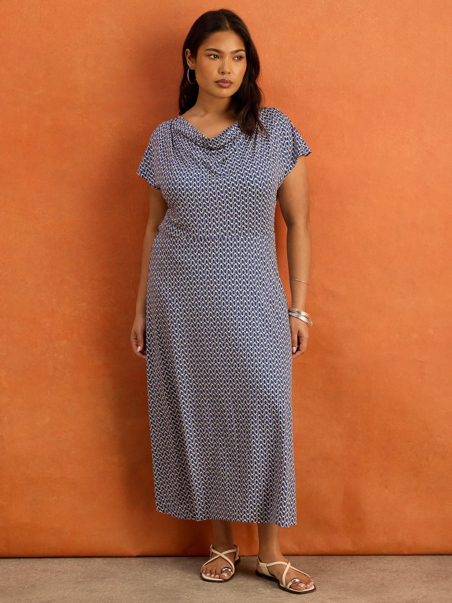 Blue Geo Print Cowl Neck Jersey Midaxi Dress - Image 3