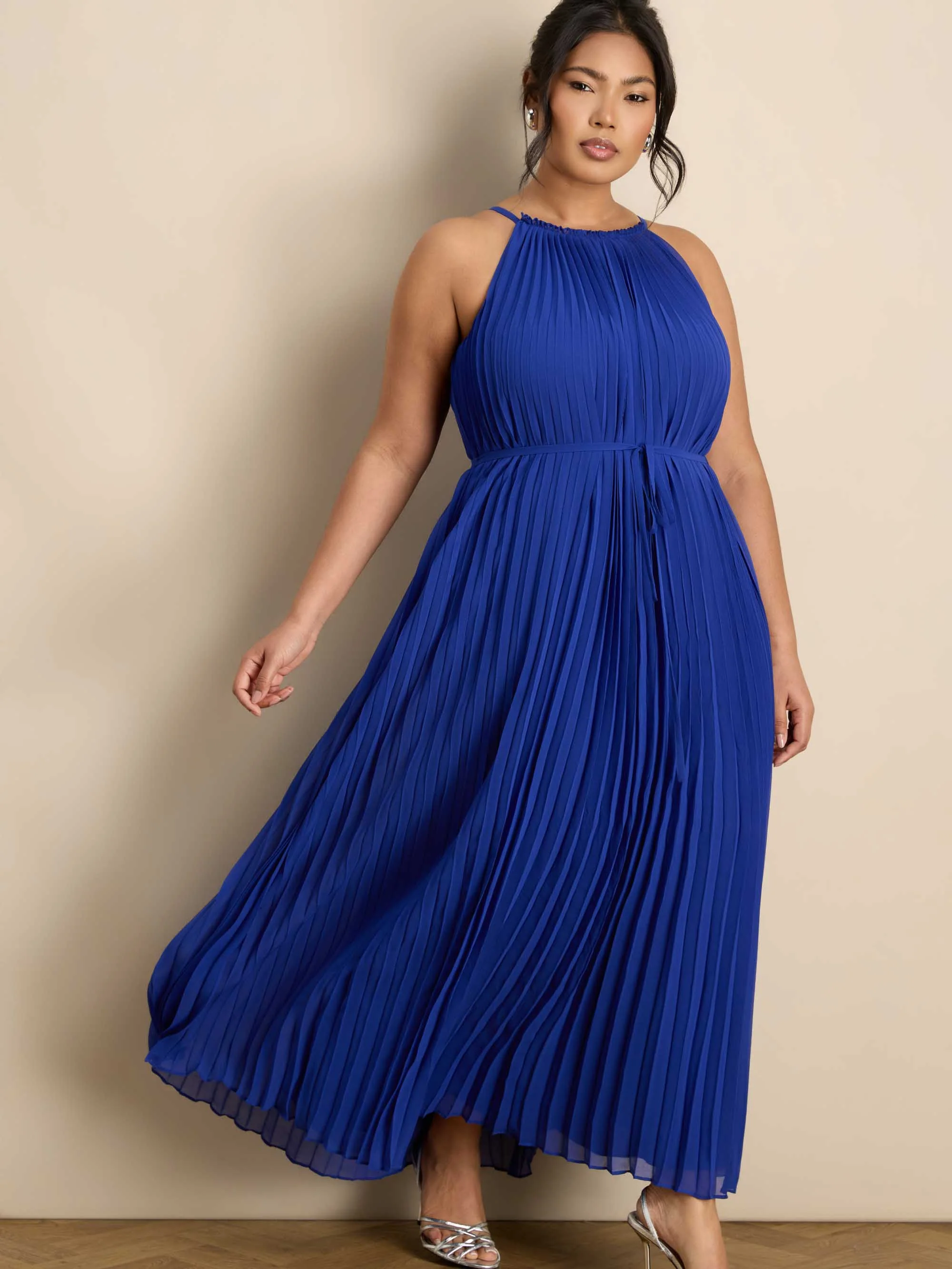 Blue Halter Pleated Maxi Dress - Image 3