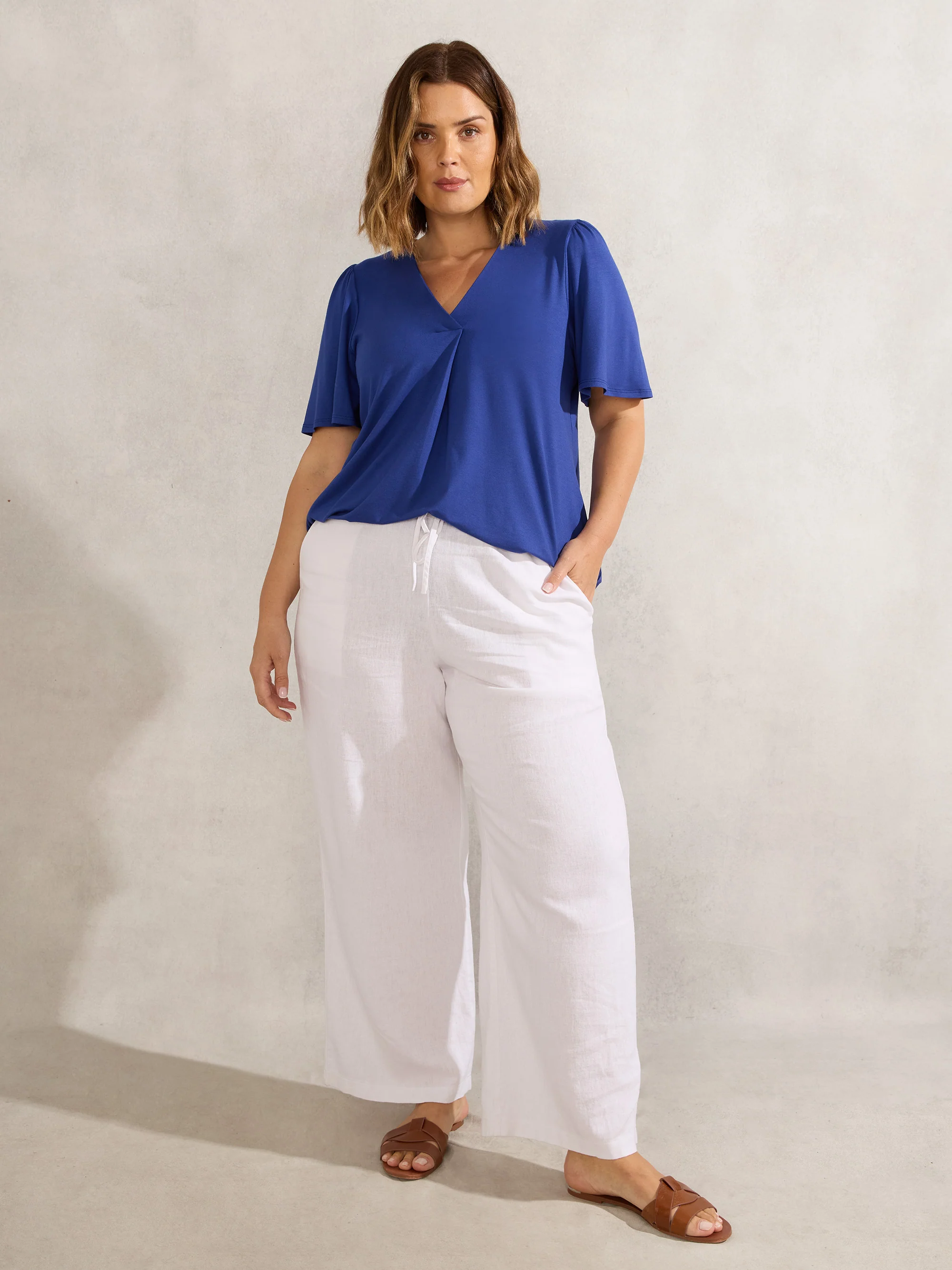 Blue Jersey Pleat Front Flutter Sleeve Top - Image 2