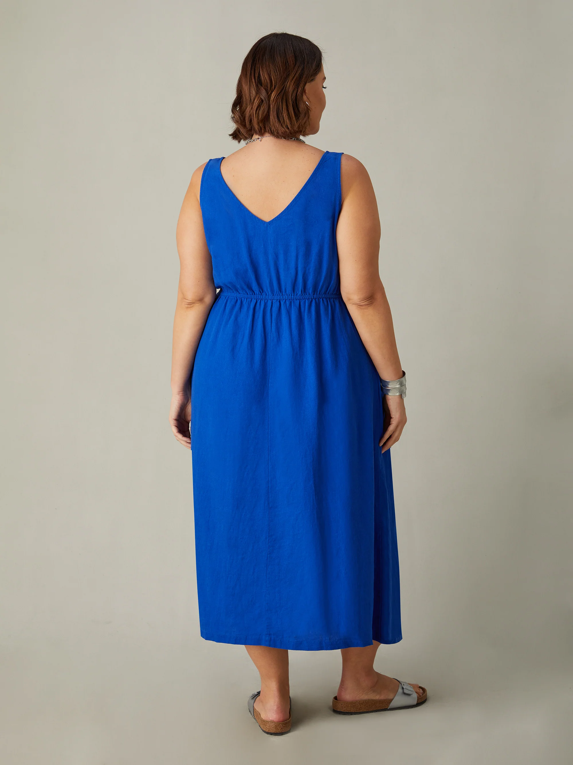 Blue Linen Blend V-Neck Midi Dress - Image 5