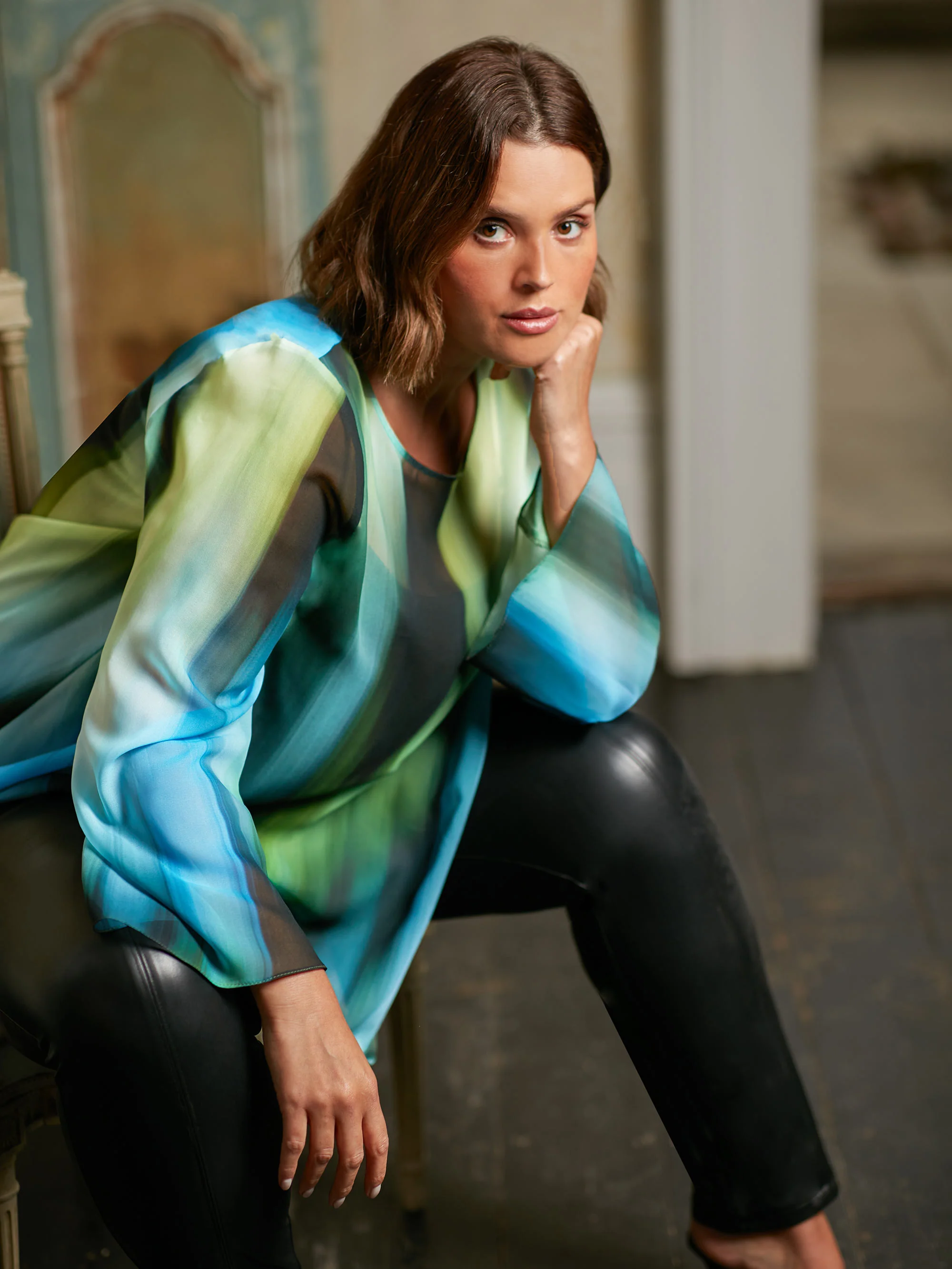 Blue Ombre Print High Low Chiffon Top - Image 2