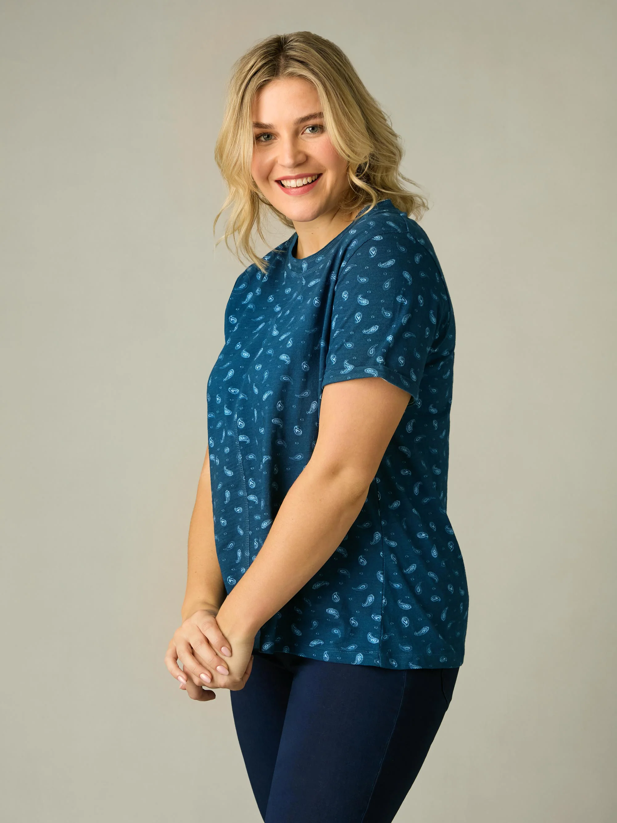 Blue Paisley Cotton Slub Round Neck T-Shirt - Image 3