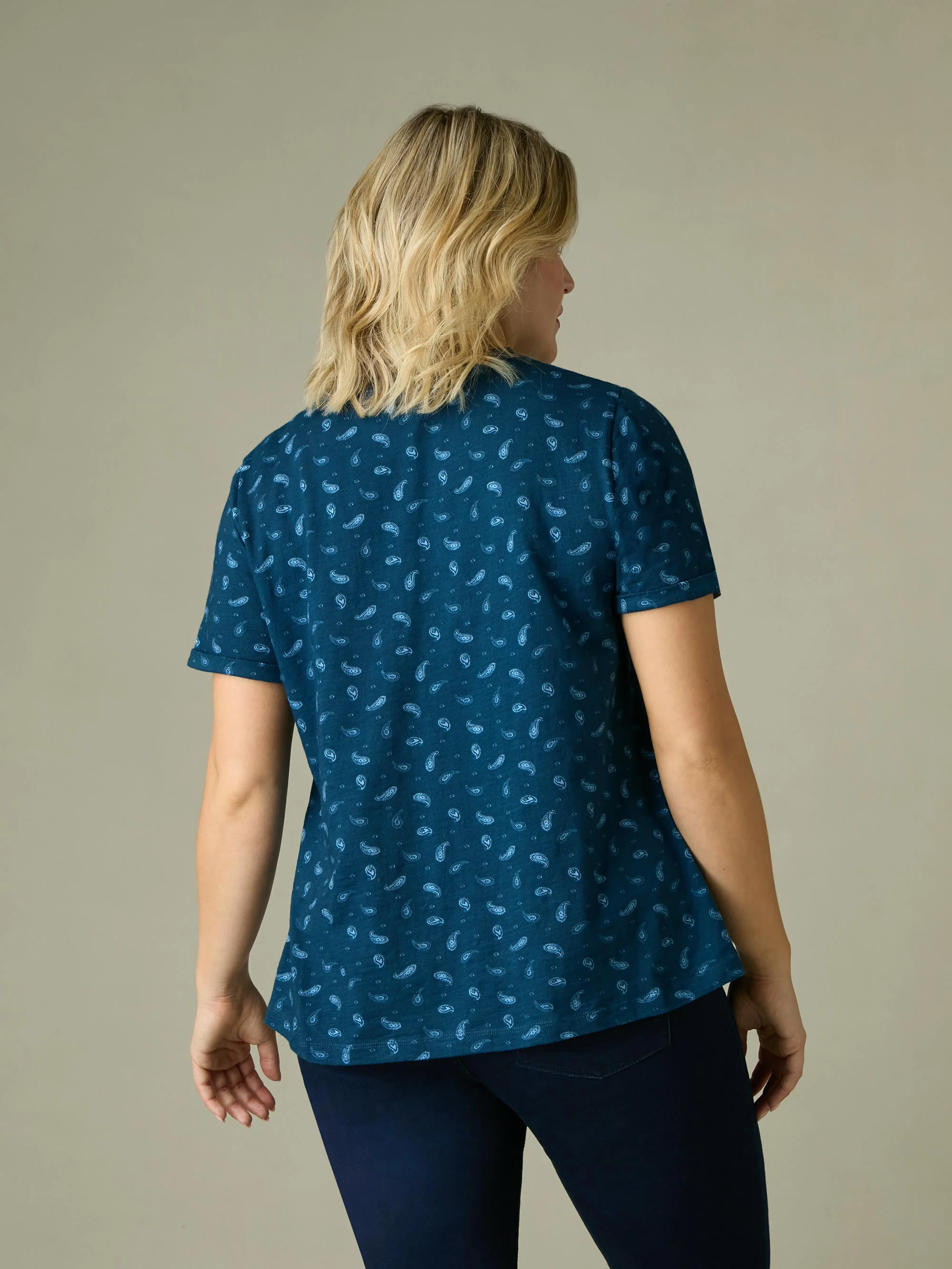 Blue Paisley Cotton Slub Round Neck T-Shirt - Image 5