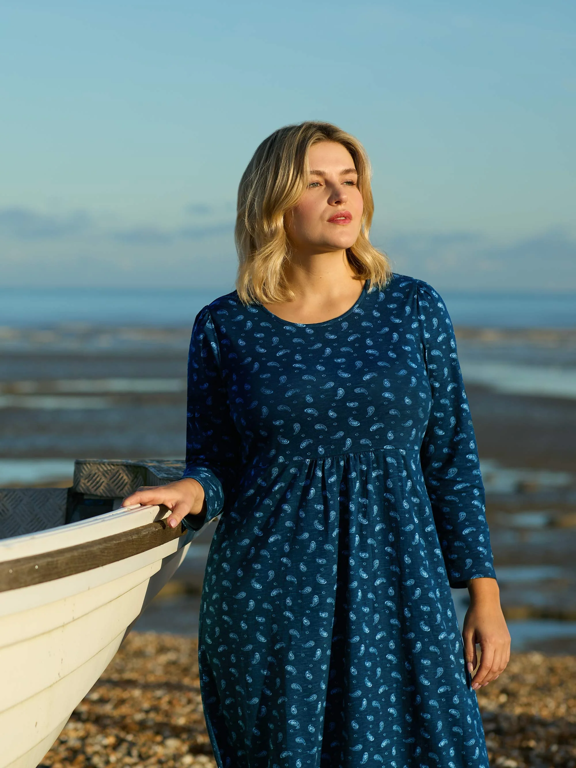 Blue Paisley Cotton Slub Tiered Midi Dress - Image 3