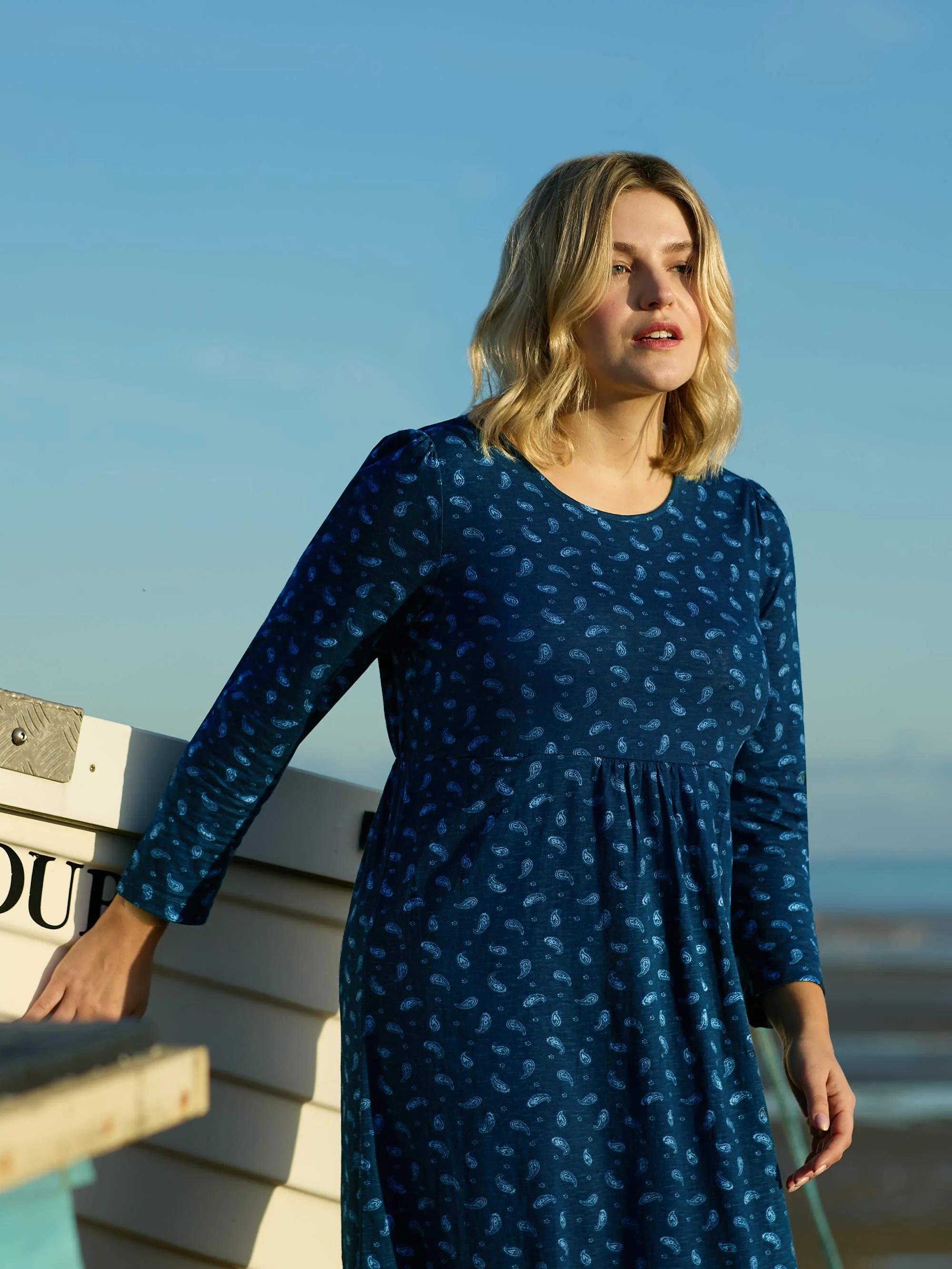 Blue Paisley Cotton Slub Tiered Midi Dress - Image 4
