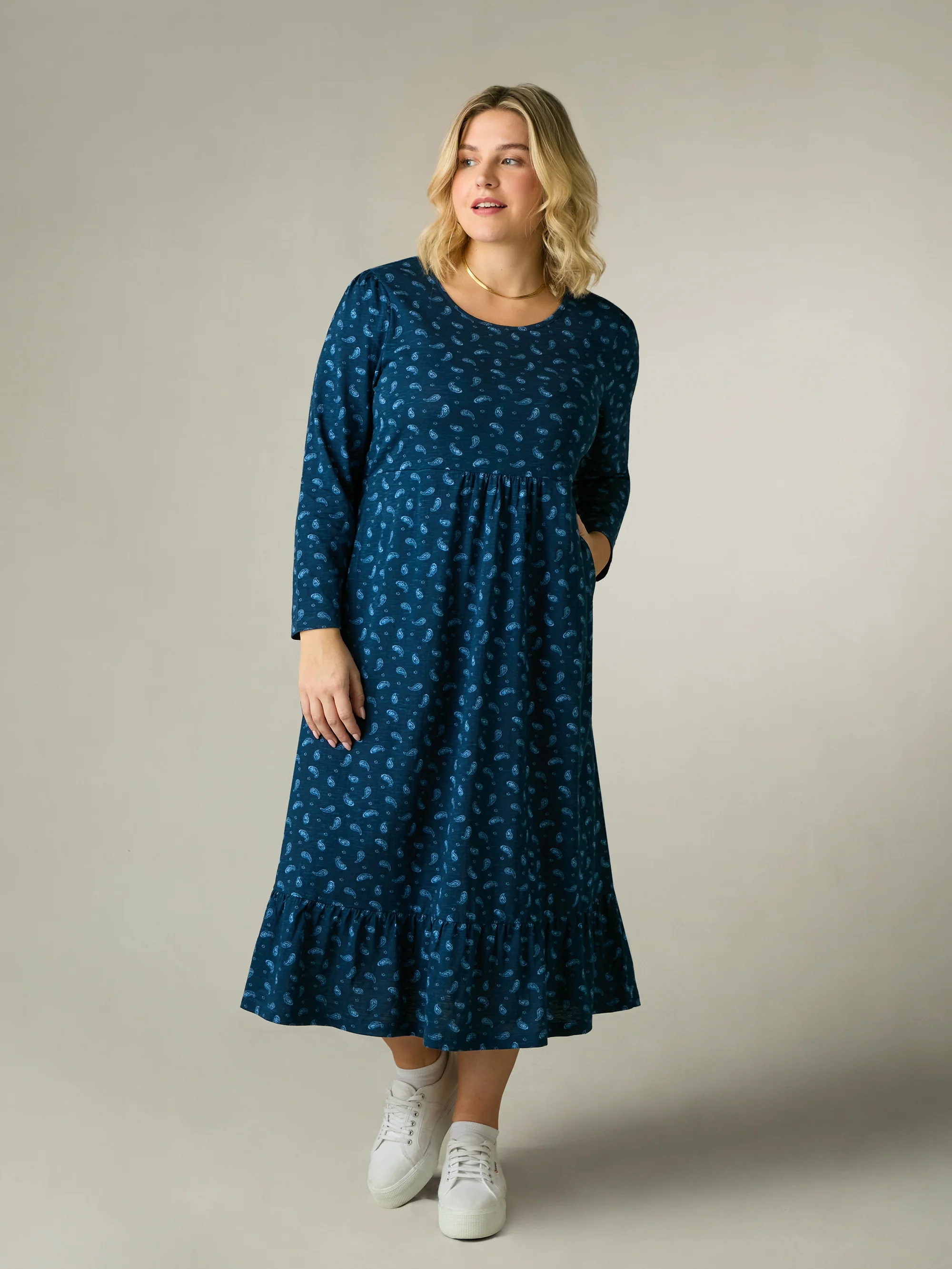 Blue Paisley Cotton Slub Tiered Midi Dress - Image 5