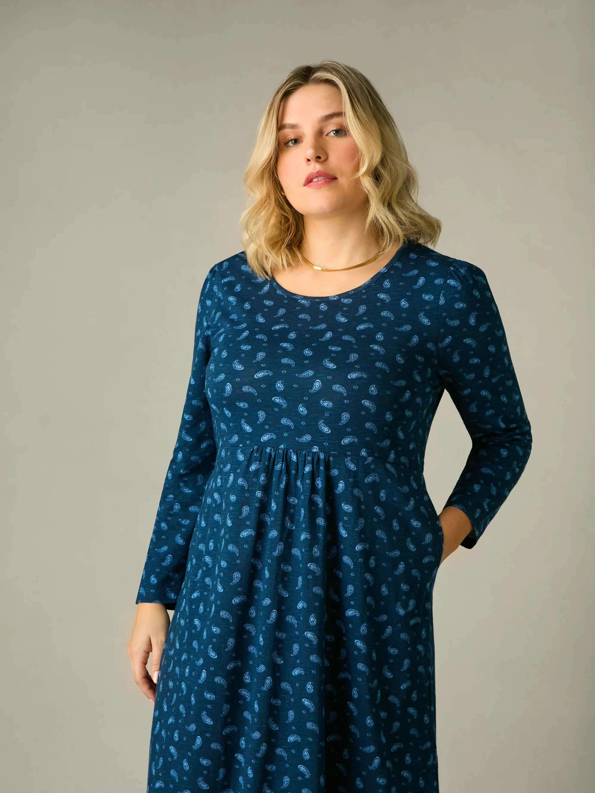 Blue Paisley Cotton Slub Tiered Midi Dress - Image 6