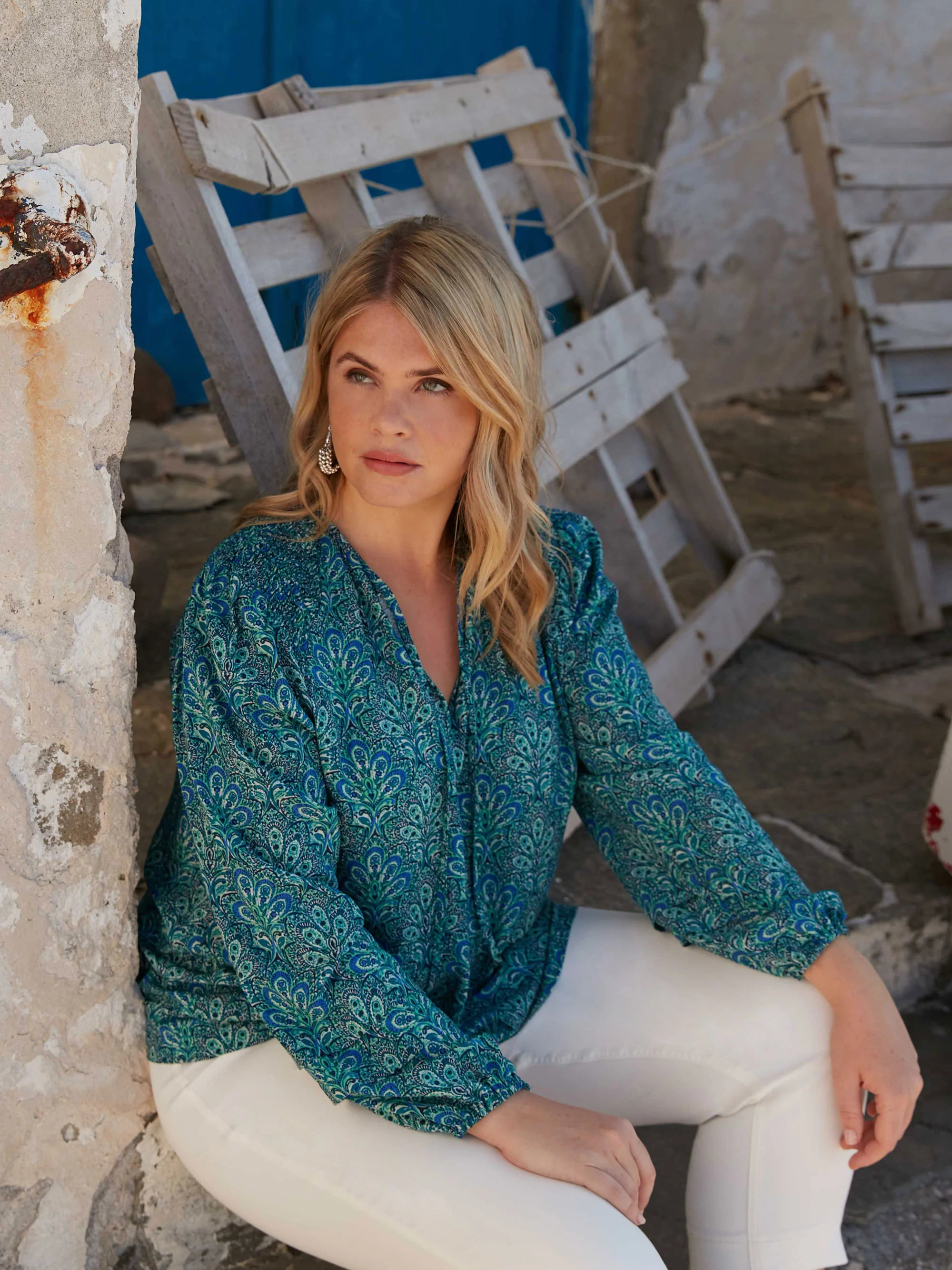 Blue Paisley Shirred Detail Blouse - Image 5