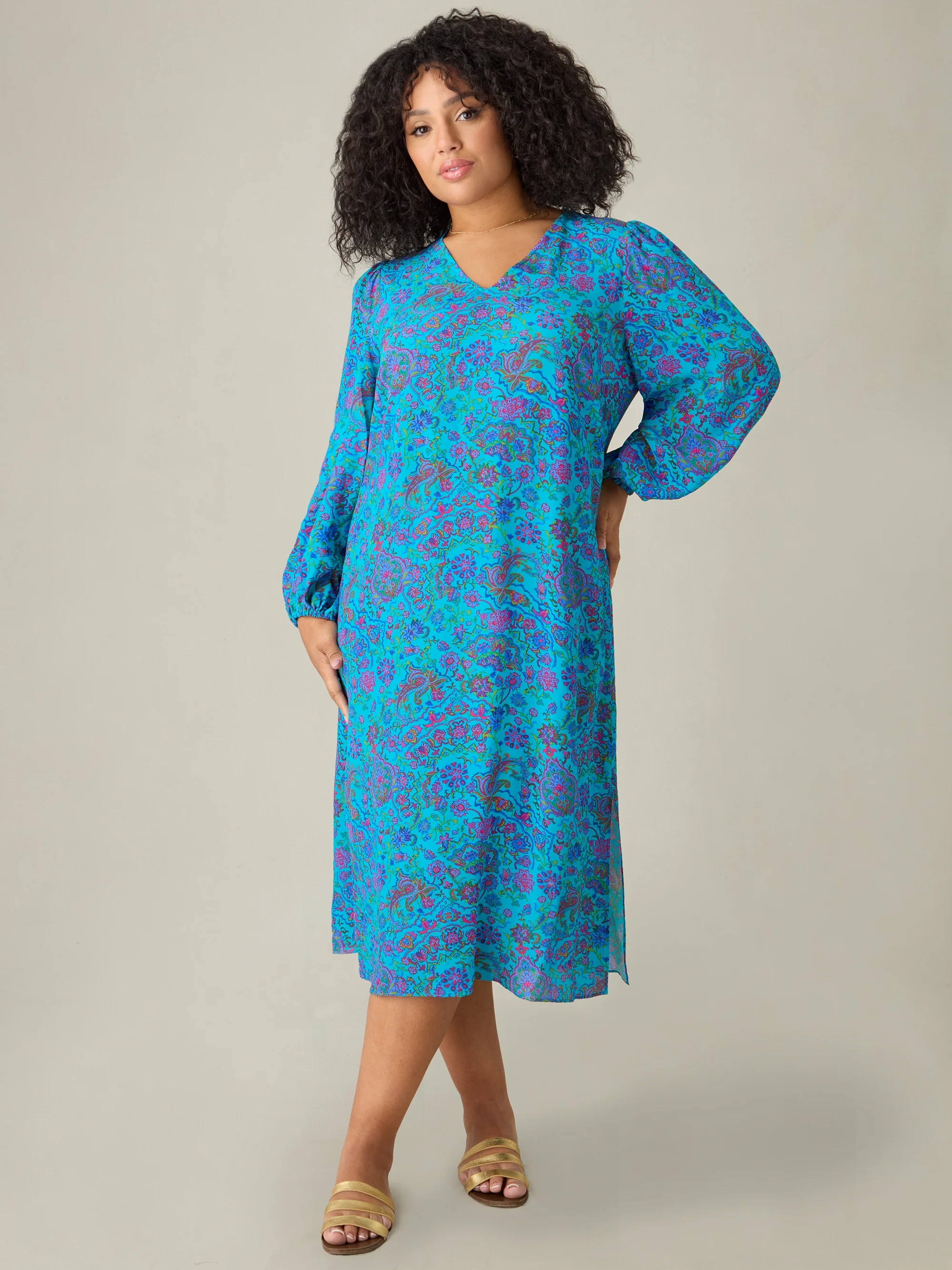 Blue Paisley V-Neck Dress - Image 3