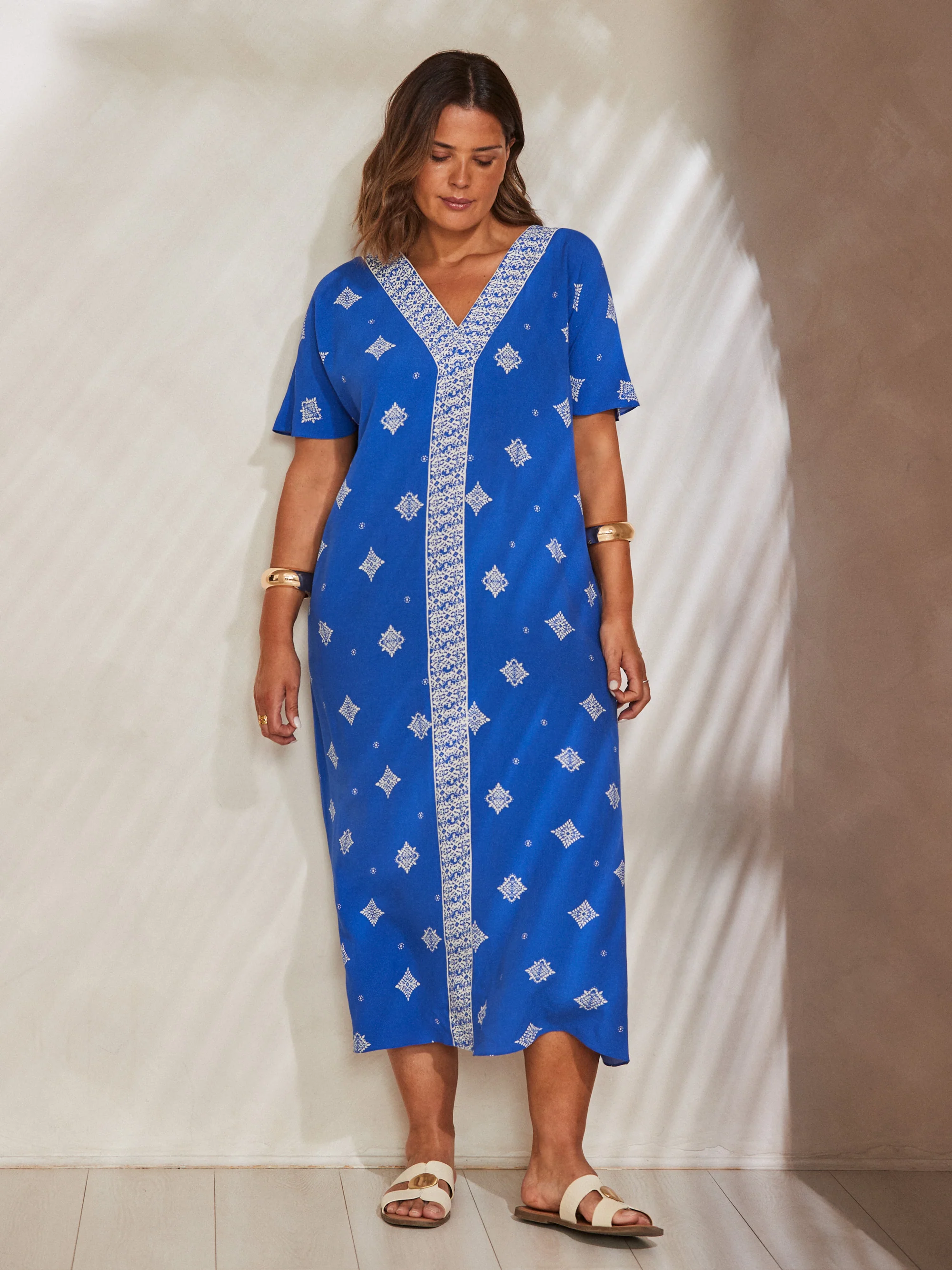 Blue Placement Print V Neck Midaxi Dress - Image 5
