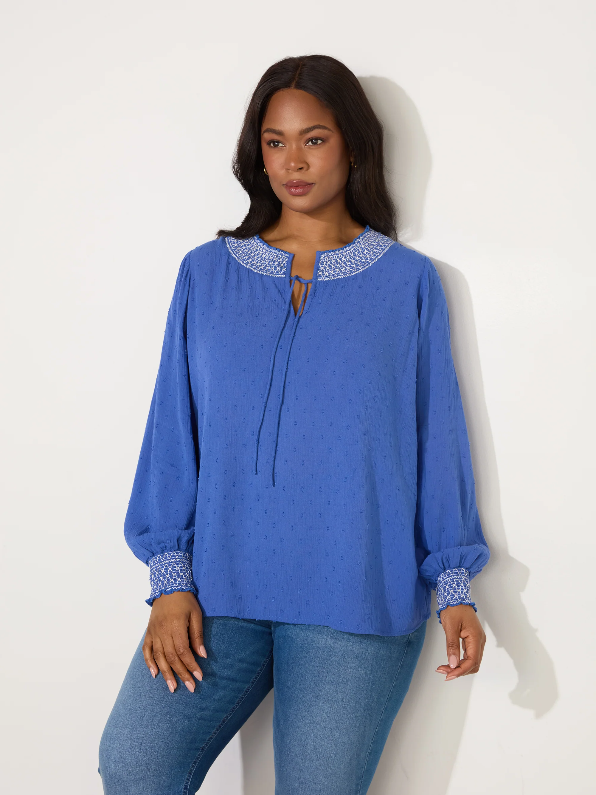 Blue Shirred Detail Blouse - Image 2