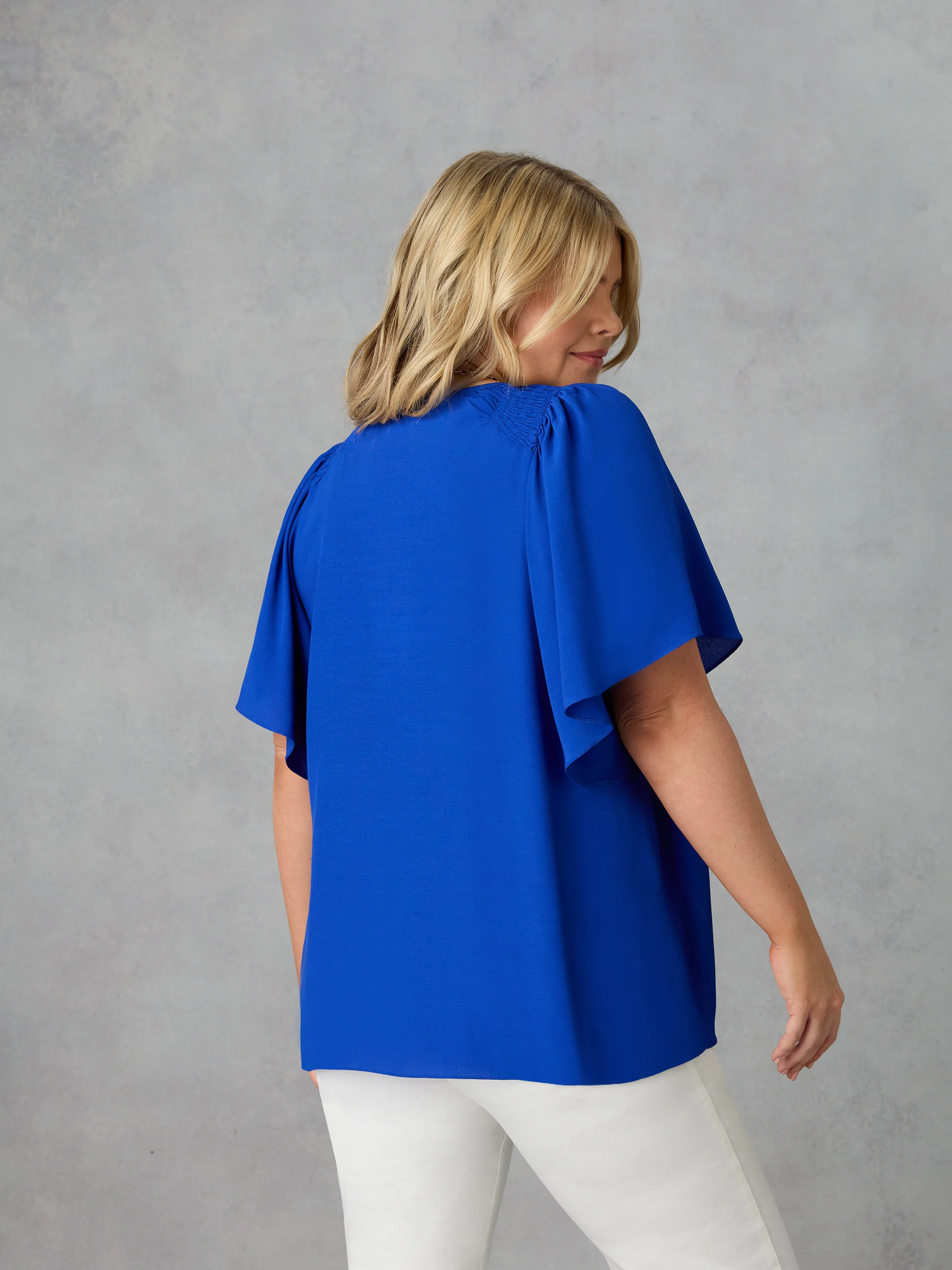 Blue Shirred Shoulder Blouse - Image 4