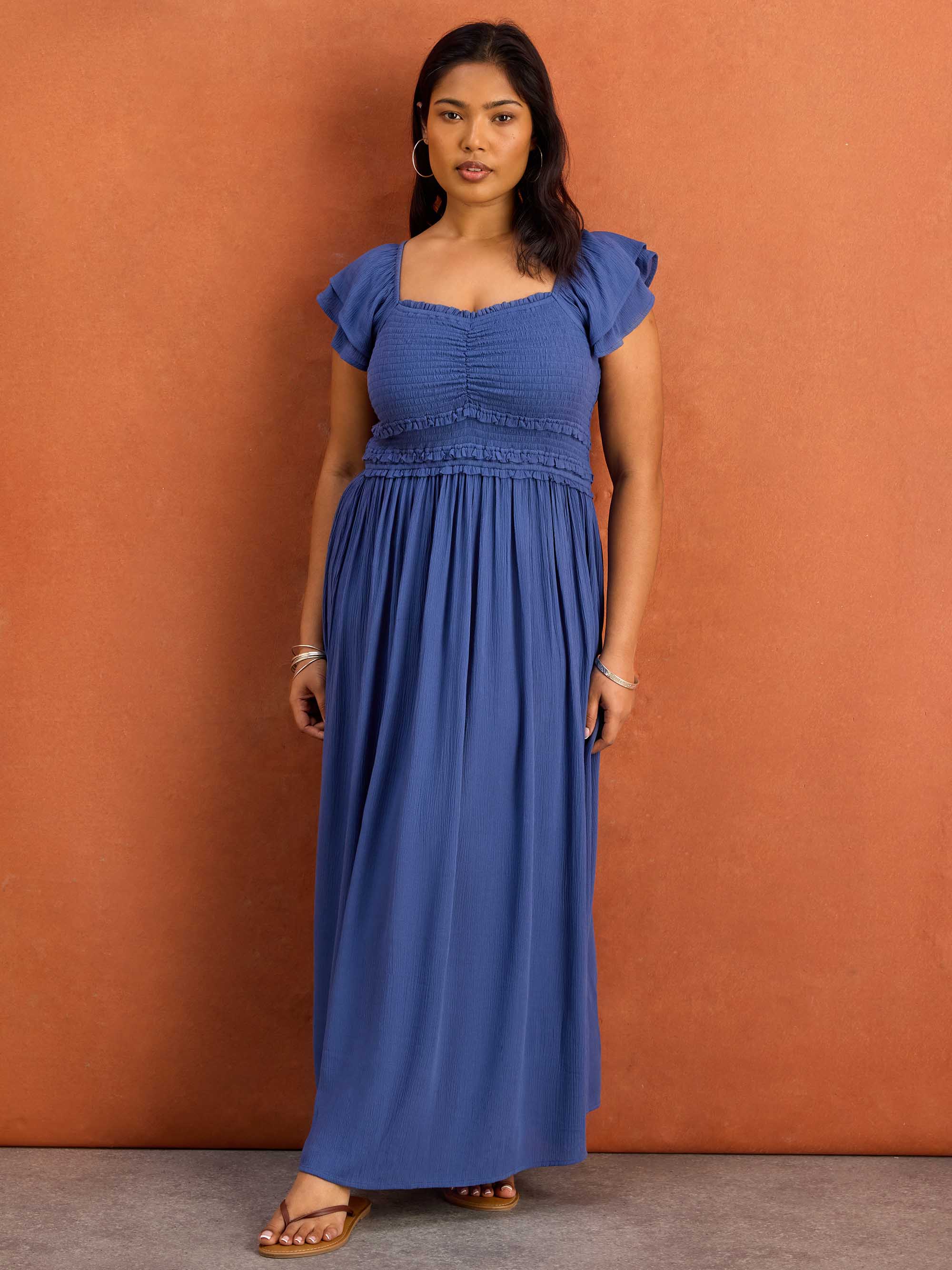 Blue Smocked Crinkle Flutter Sleeve Midaxi Dress - Image 2