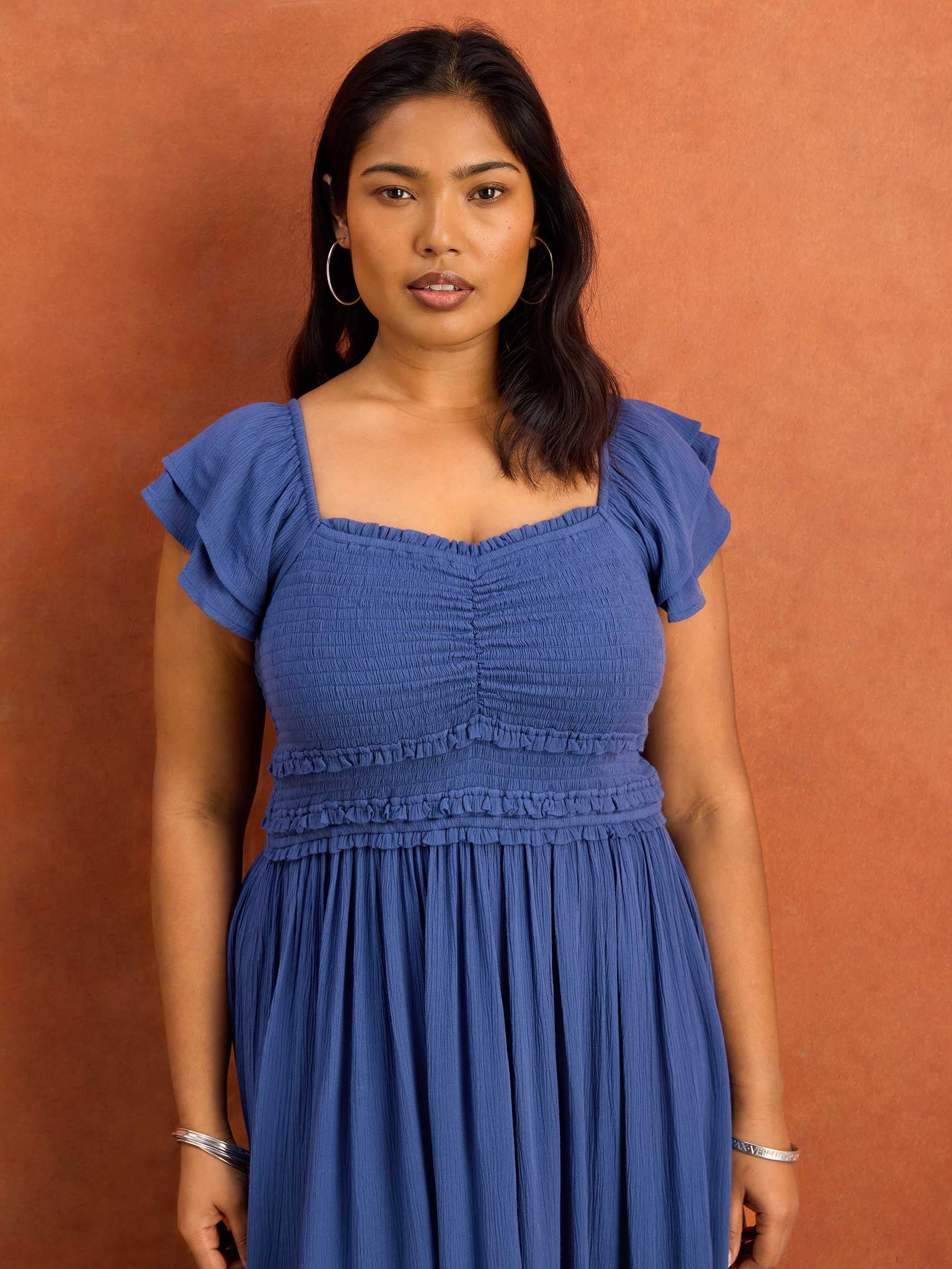 Blue Smocked Crinkle Flutter Sleeve Midaxi Dress - Image 3