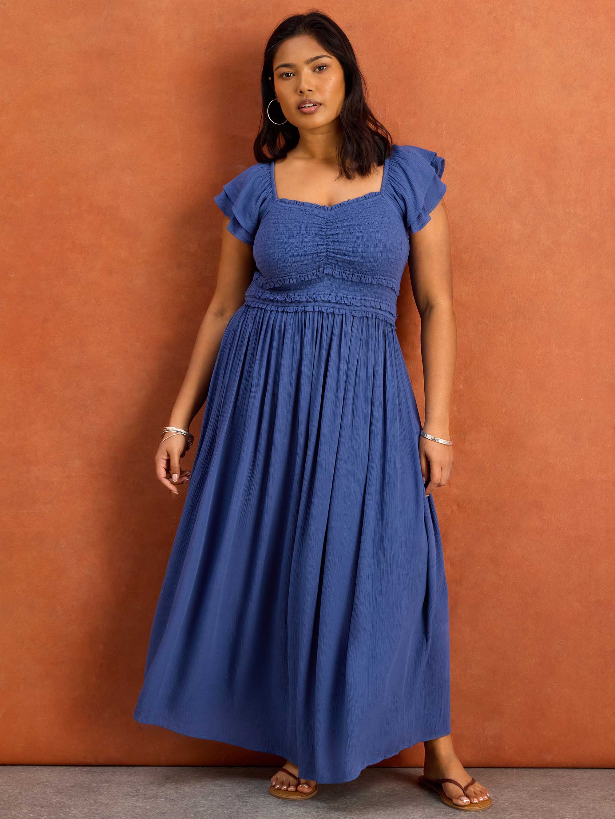 Blue Smocked Crinkle Flutter Sleeve Midaxi Dress - Image 4