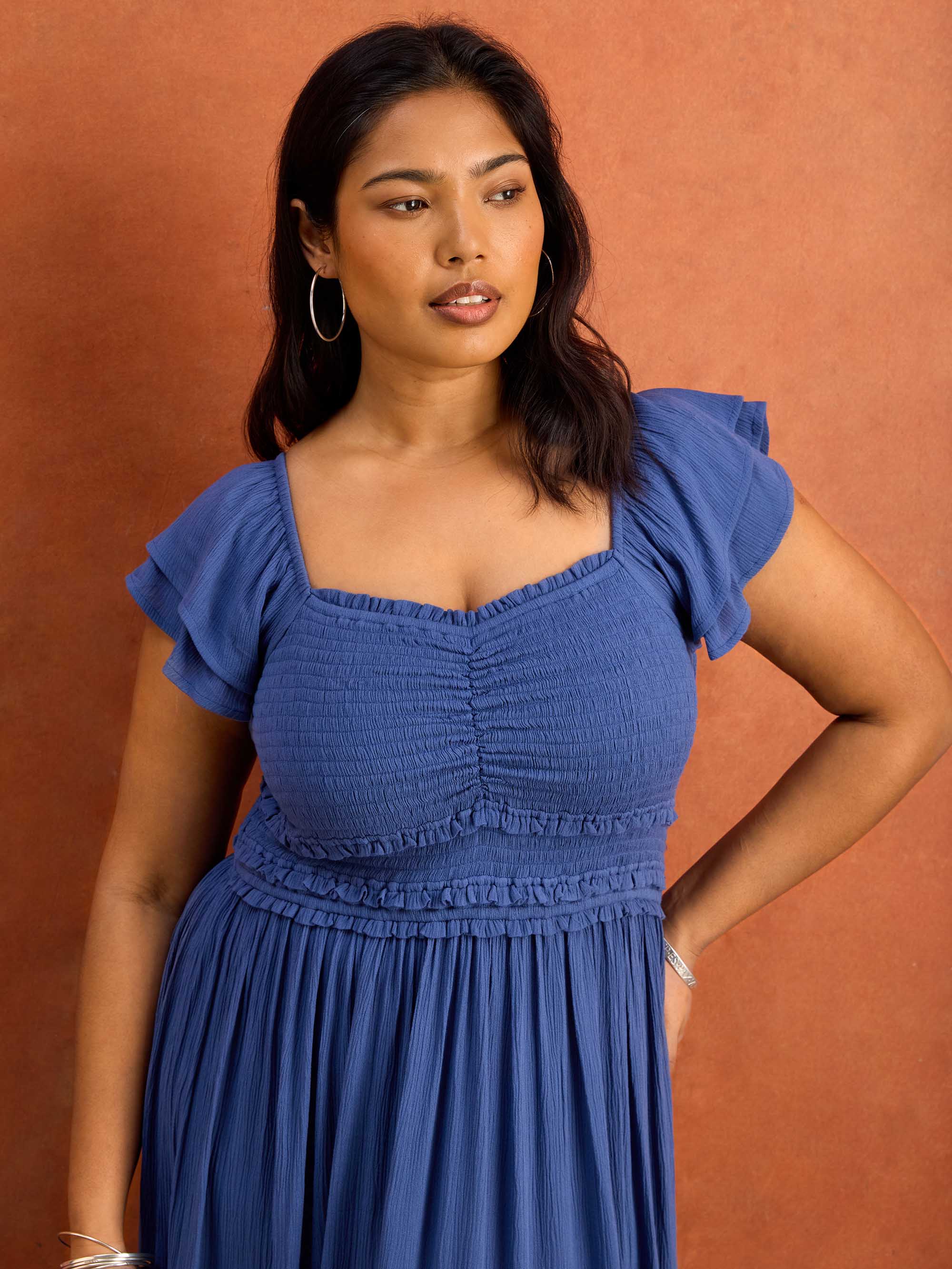 Blue Smocked Crinkle Flutter Sleeve Midaxi Dress - Image 5