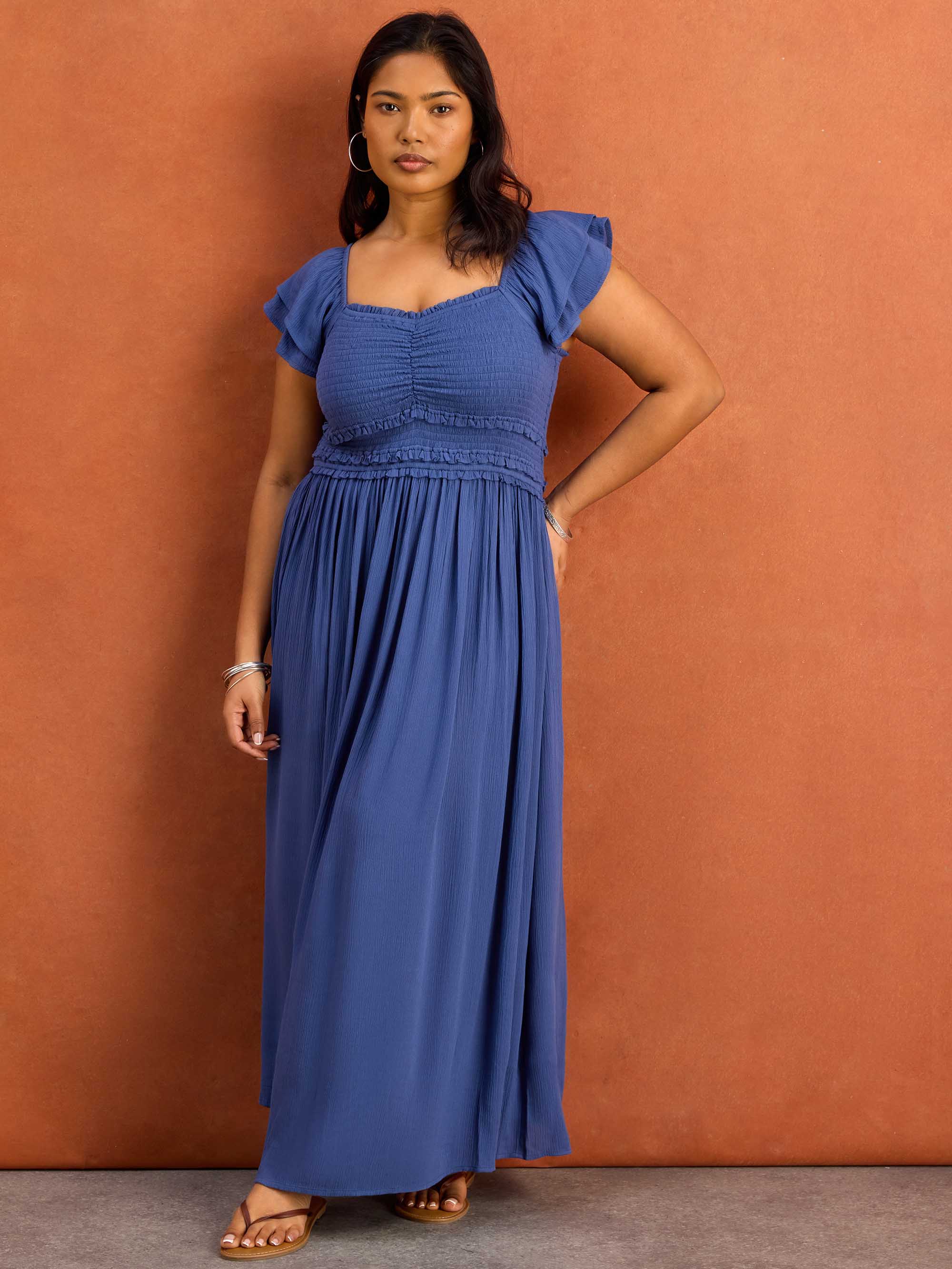 Blue Smocked Crinkle Flutter Sleeve Midaxi Dress - Image 6