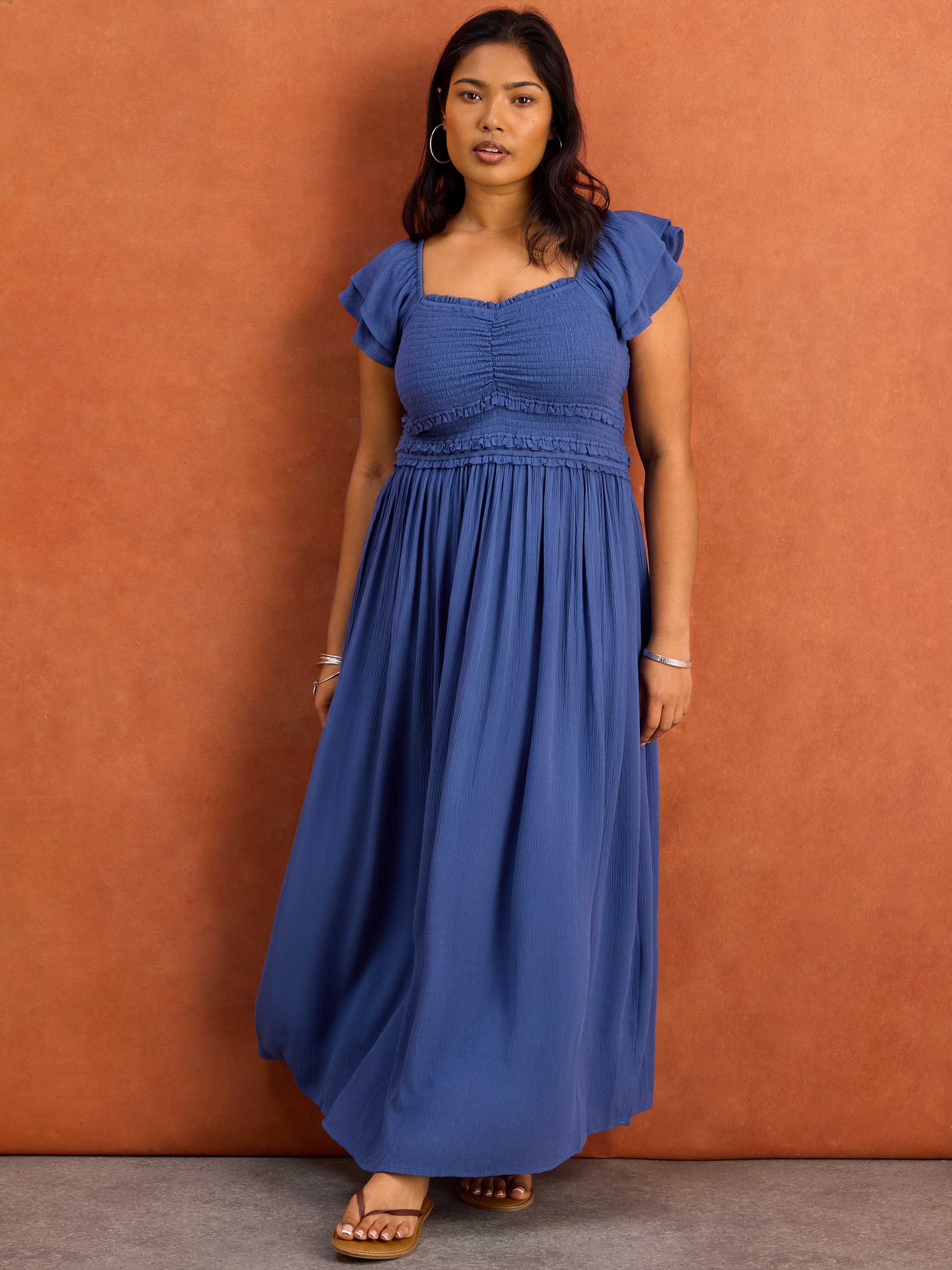 Blue Smocked Crinkle Flutter Sleeve Midaxi Dress - Image 7