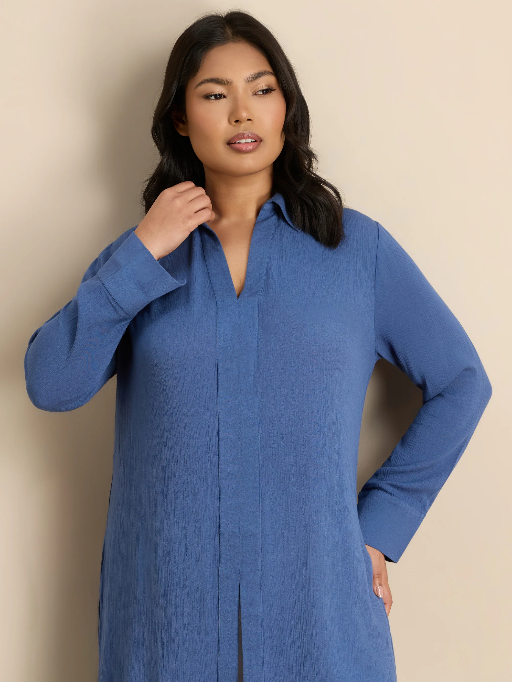 Blue Split Front Crinkle Tunic - Image 2