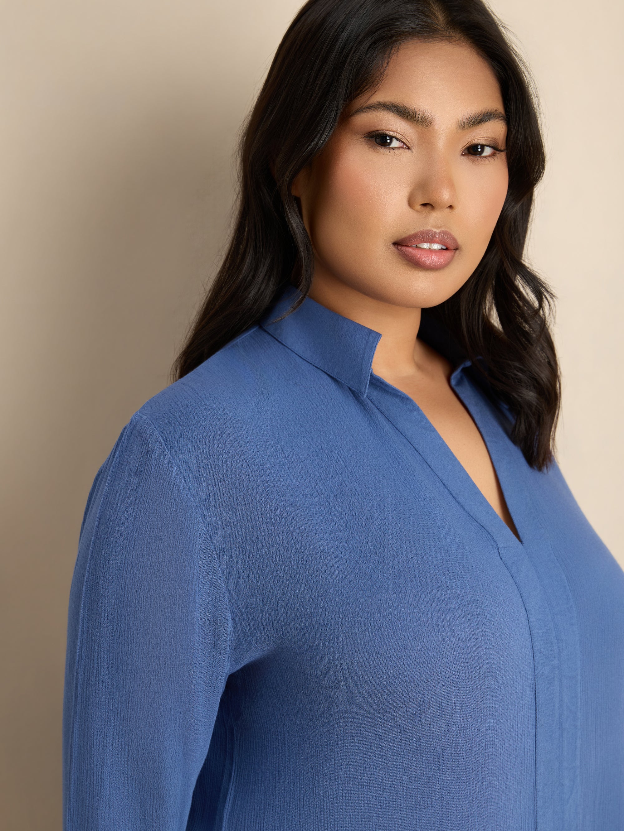 Blue Split Front Crinkle Tunic - Image 3