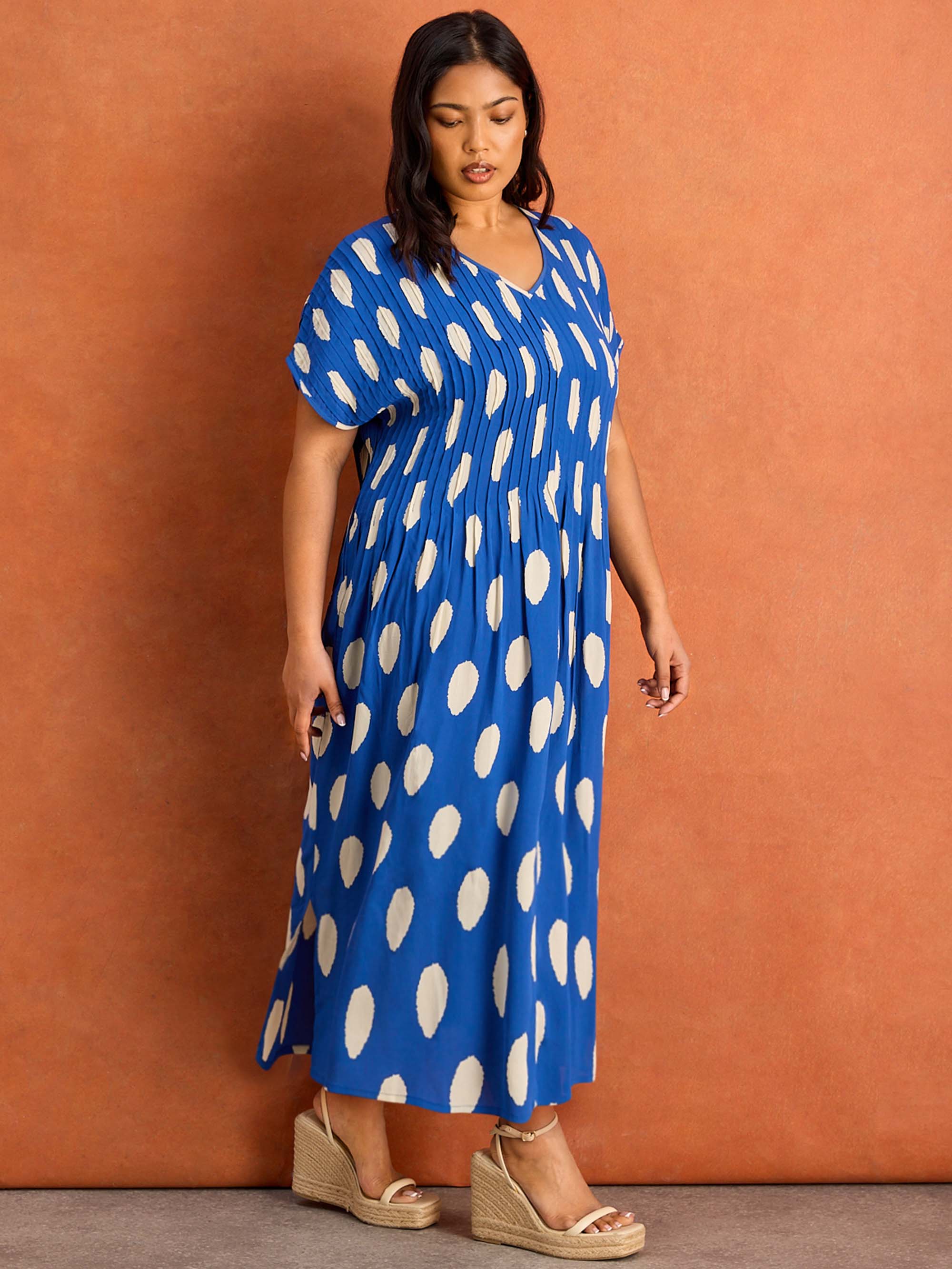 Blue Spot Print Pleated Midi Dress - Image 5