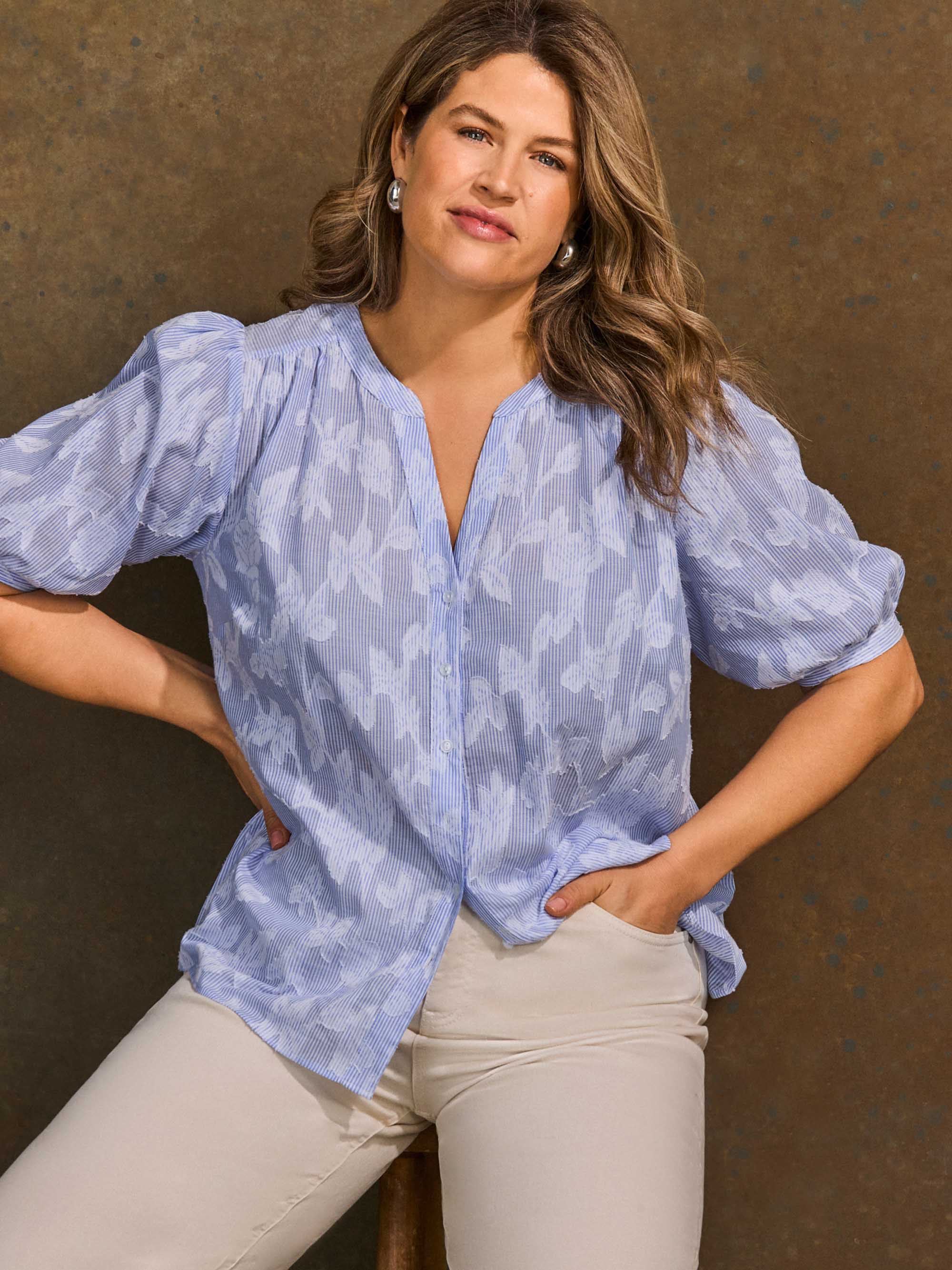 Blue Stripe Floral Puff Sleeve Blouse - Image 5