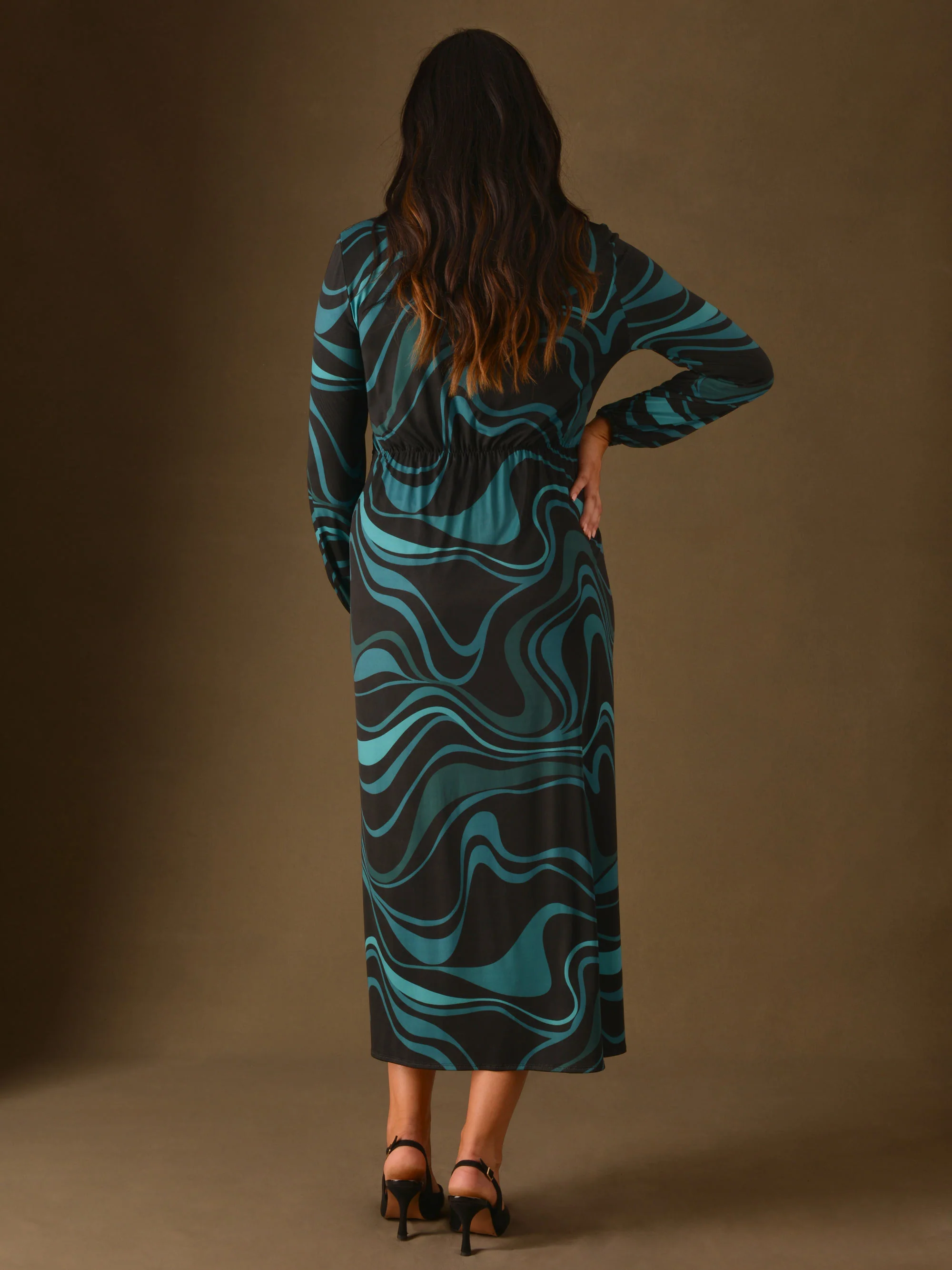 Blue Swirl Print Wrap Ring Side Jersey Midaxi Dress - Image 2