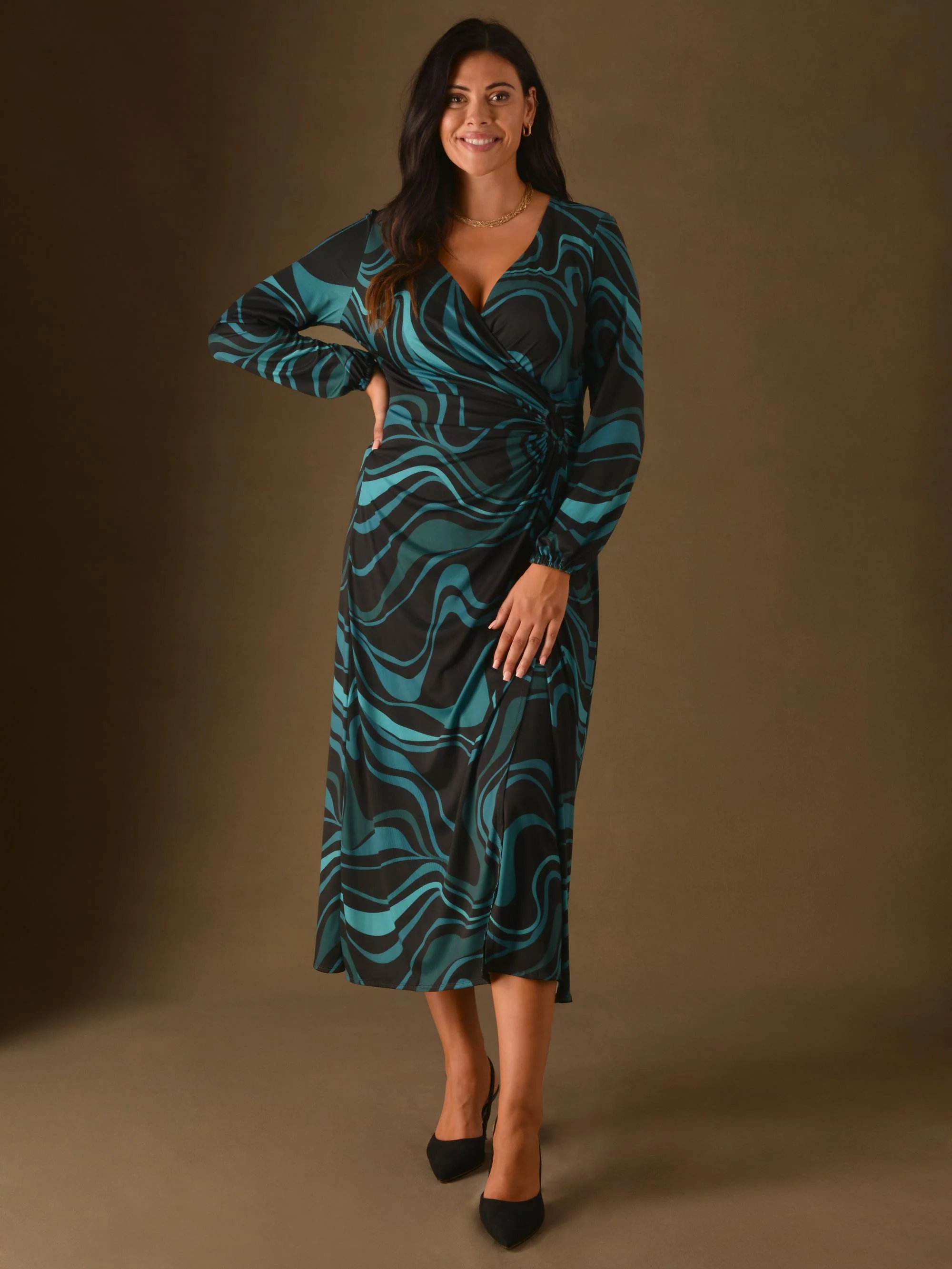 Blue Swirl Print Wrap Ring Side Jersey Midaxi Dress - Image 4