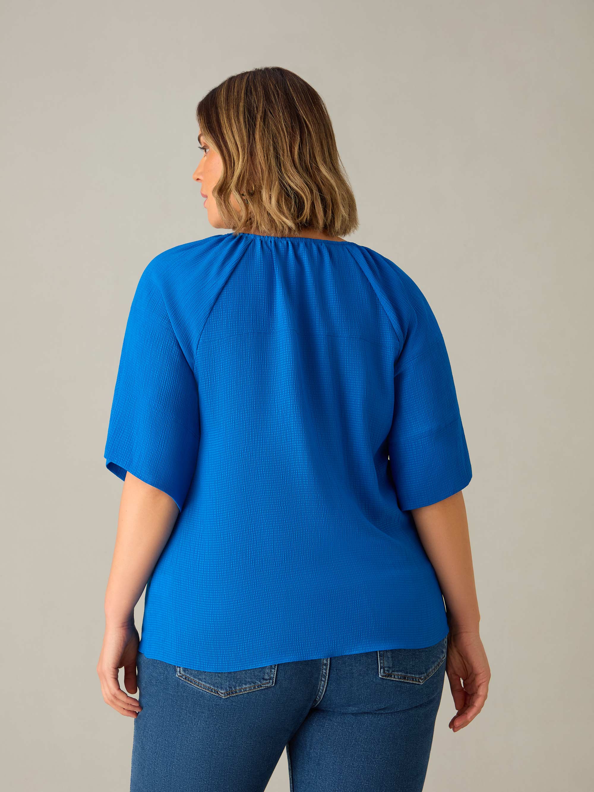 Blue Textured Raglan Sleeve Blouse - Image 3