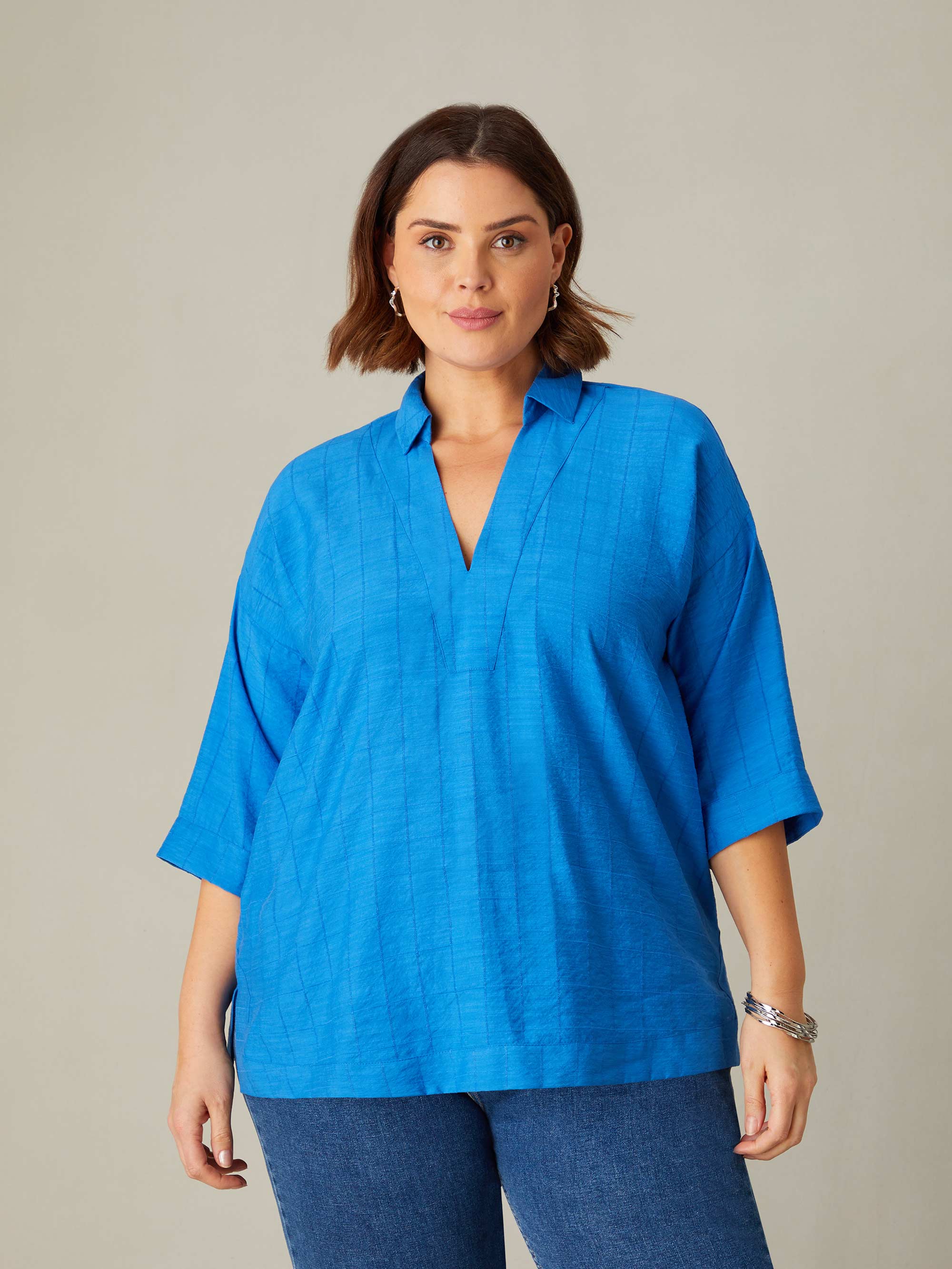 Blue Textured V-Neck Blouse - Image 3