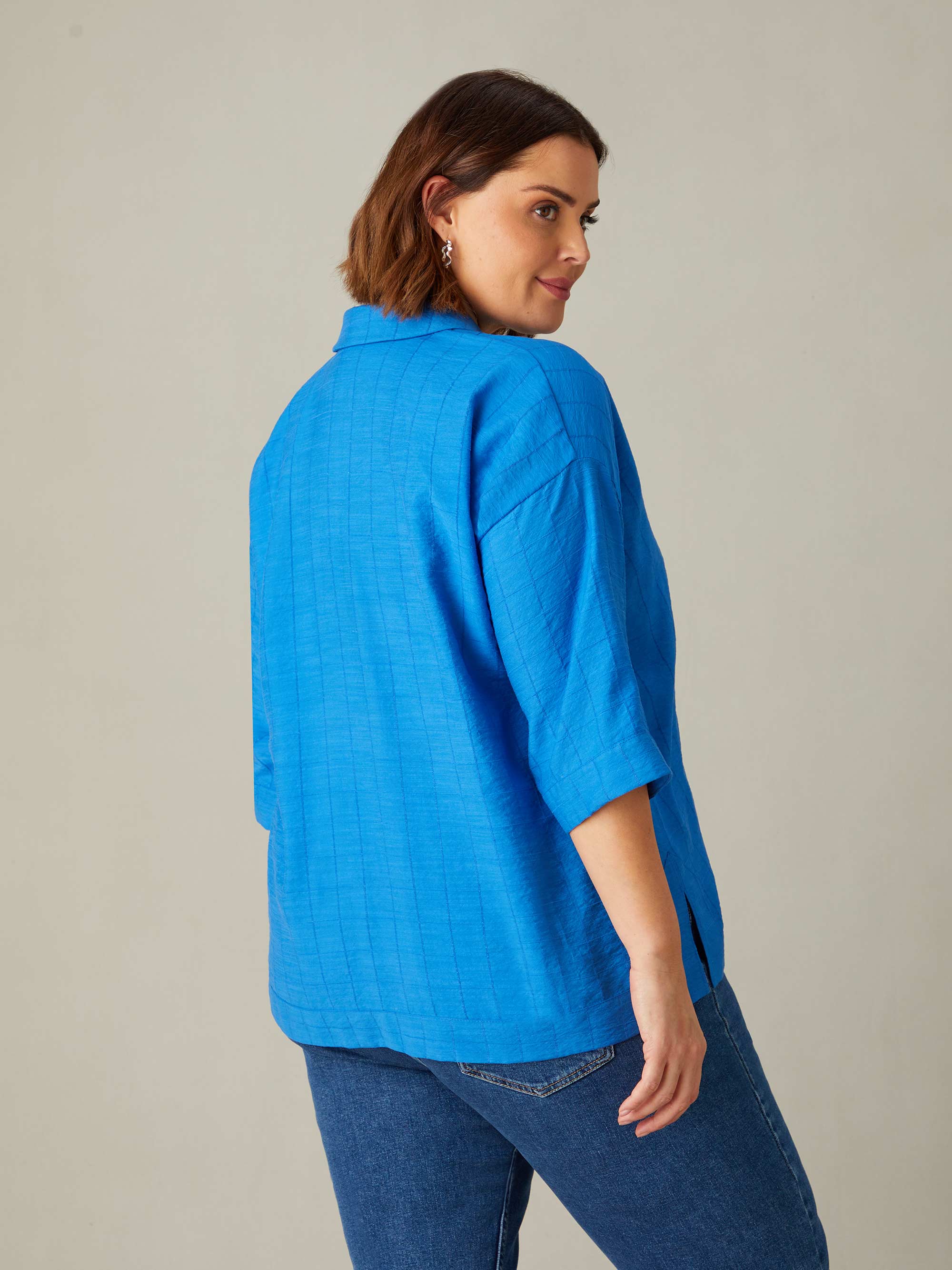 Blue Textured V-Neck Blouse - Image 5