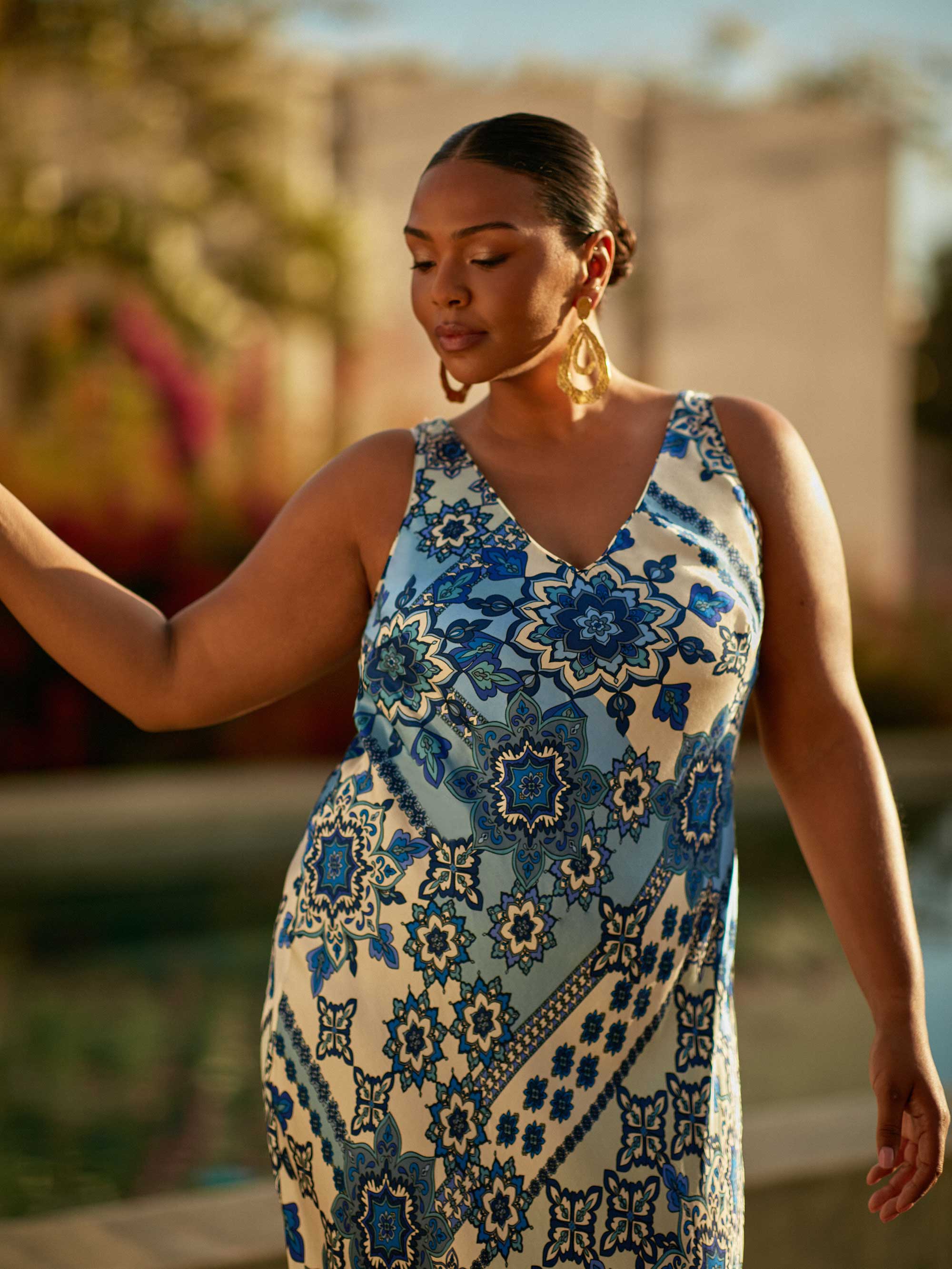 Blue Tile Print Bias Slip Dress - Image 2