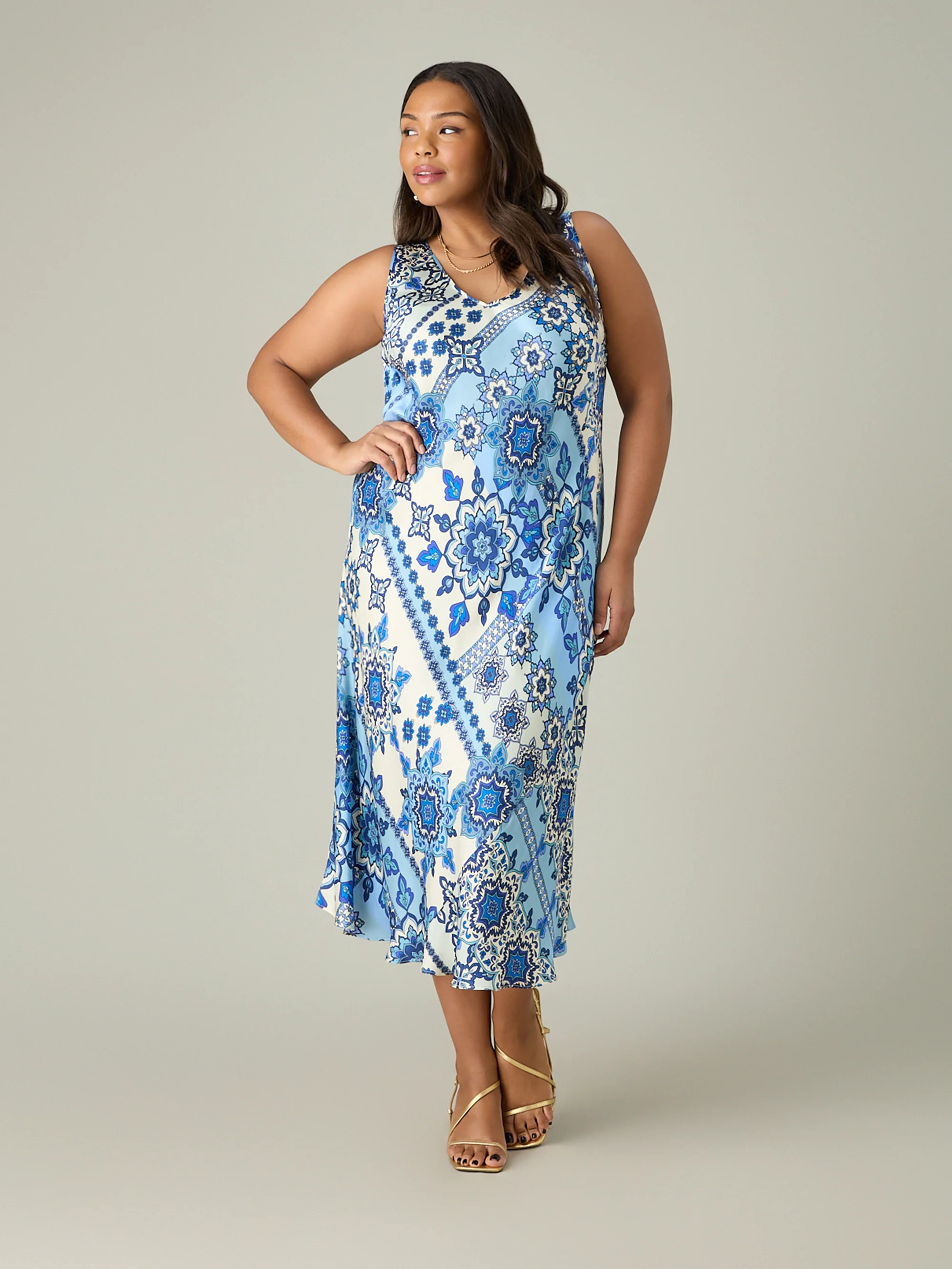 Blue Tile Print Bias Slip Dress - Image 4