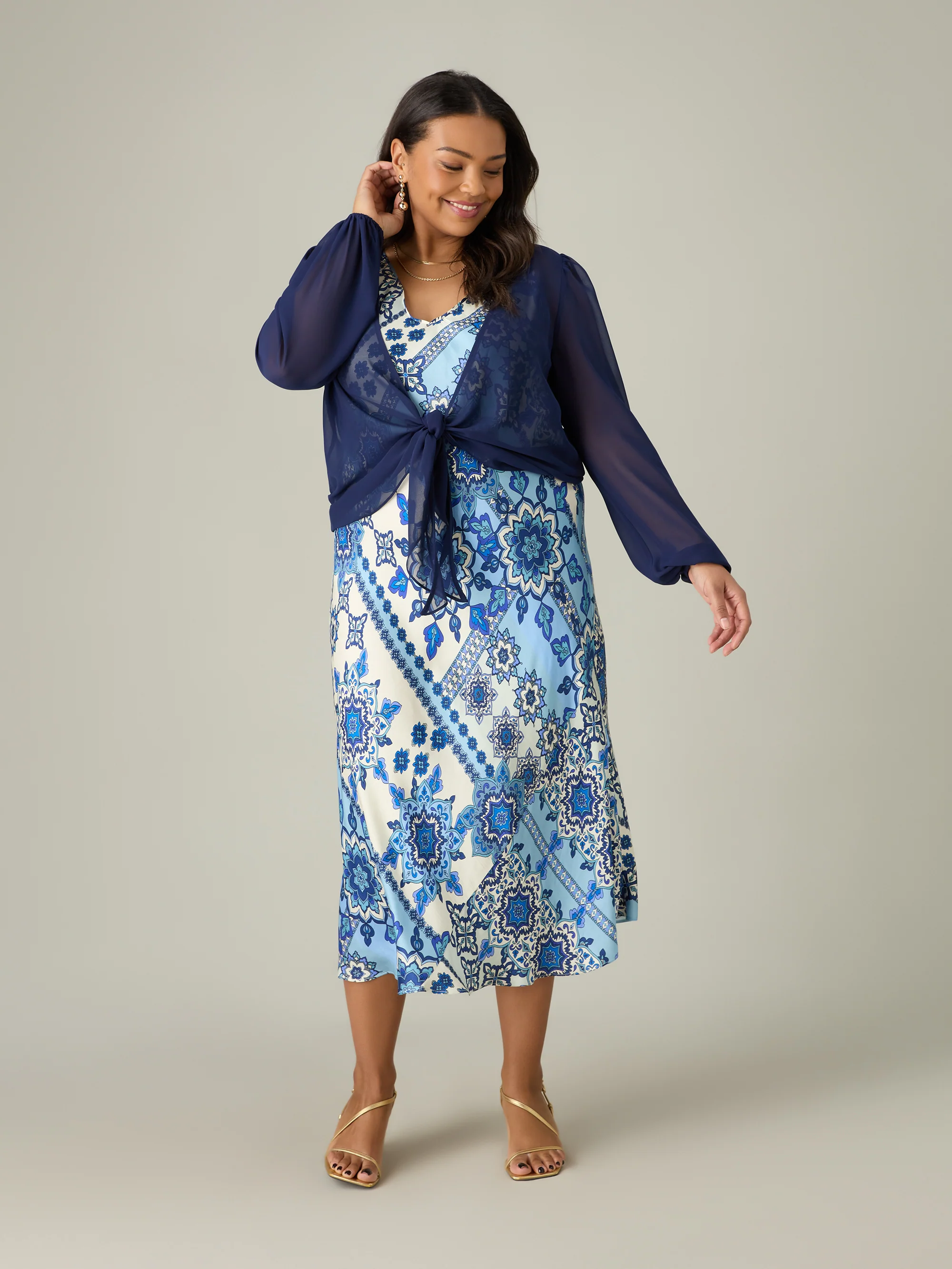 Blue Tile Print Bias Slip Dress - Image 8