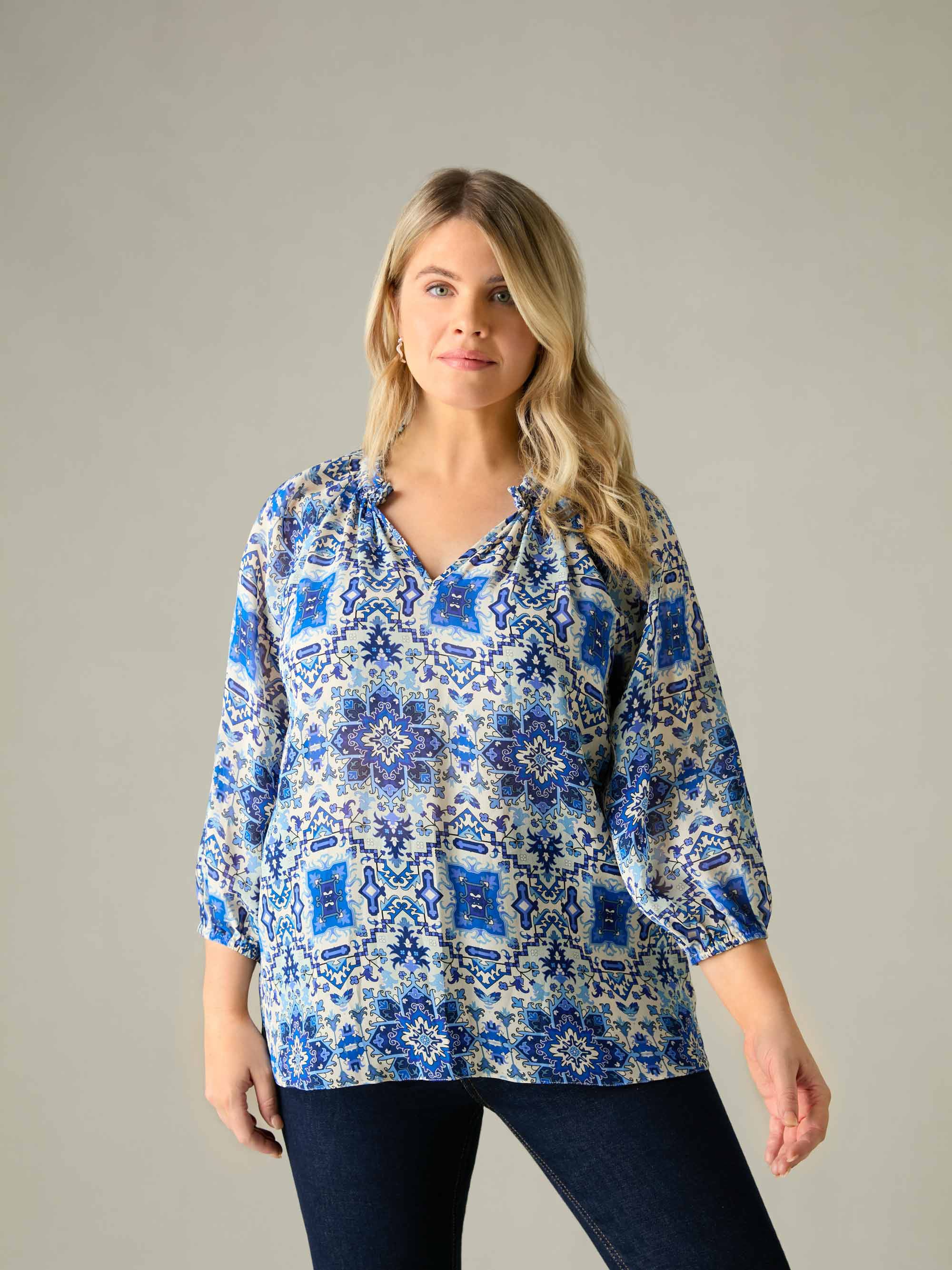 Blue Tile Print Ruffle Neck Blouse - Image 3