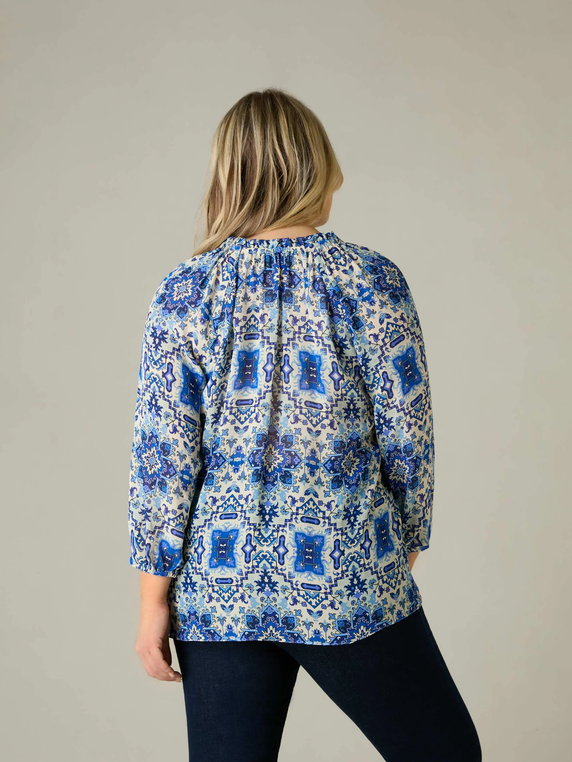 Blue Tile Print Ruffle Neck Blouse - Image 5