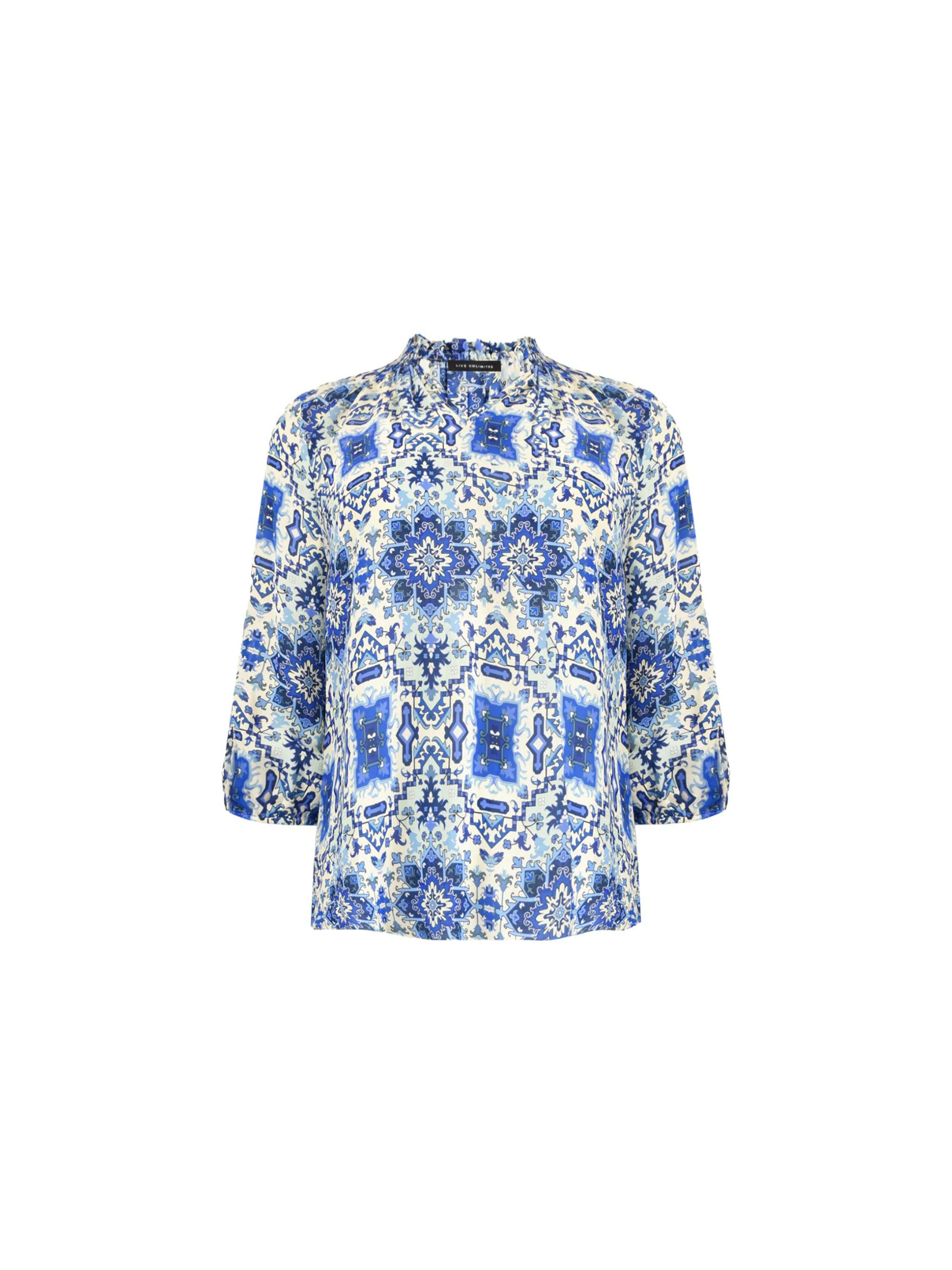 Blue Tile Print Ruffle Neck Blouse - Image 7