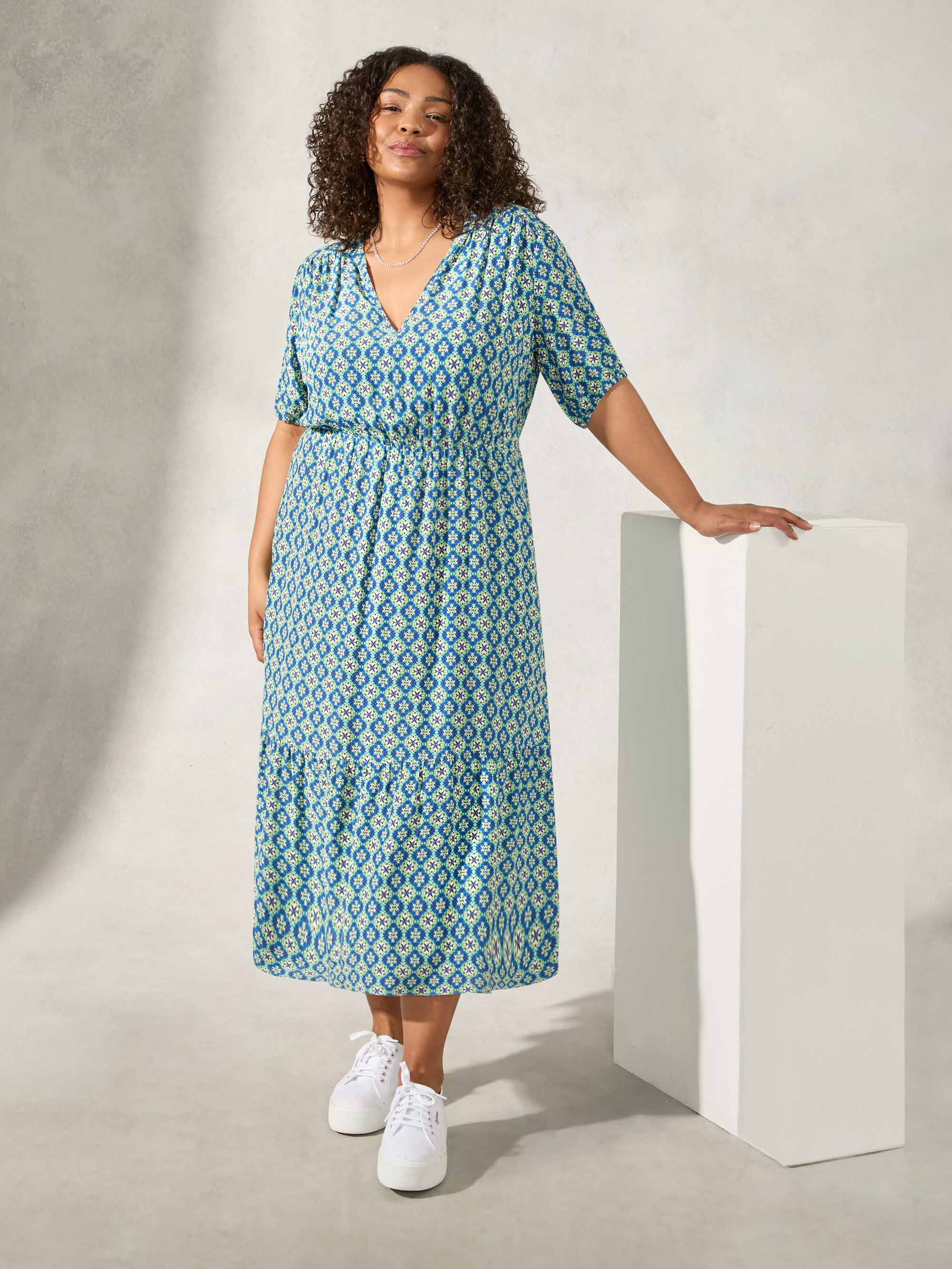 Blue Tile Print Tiered Midi Dress - Image 2
