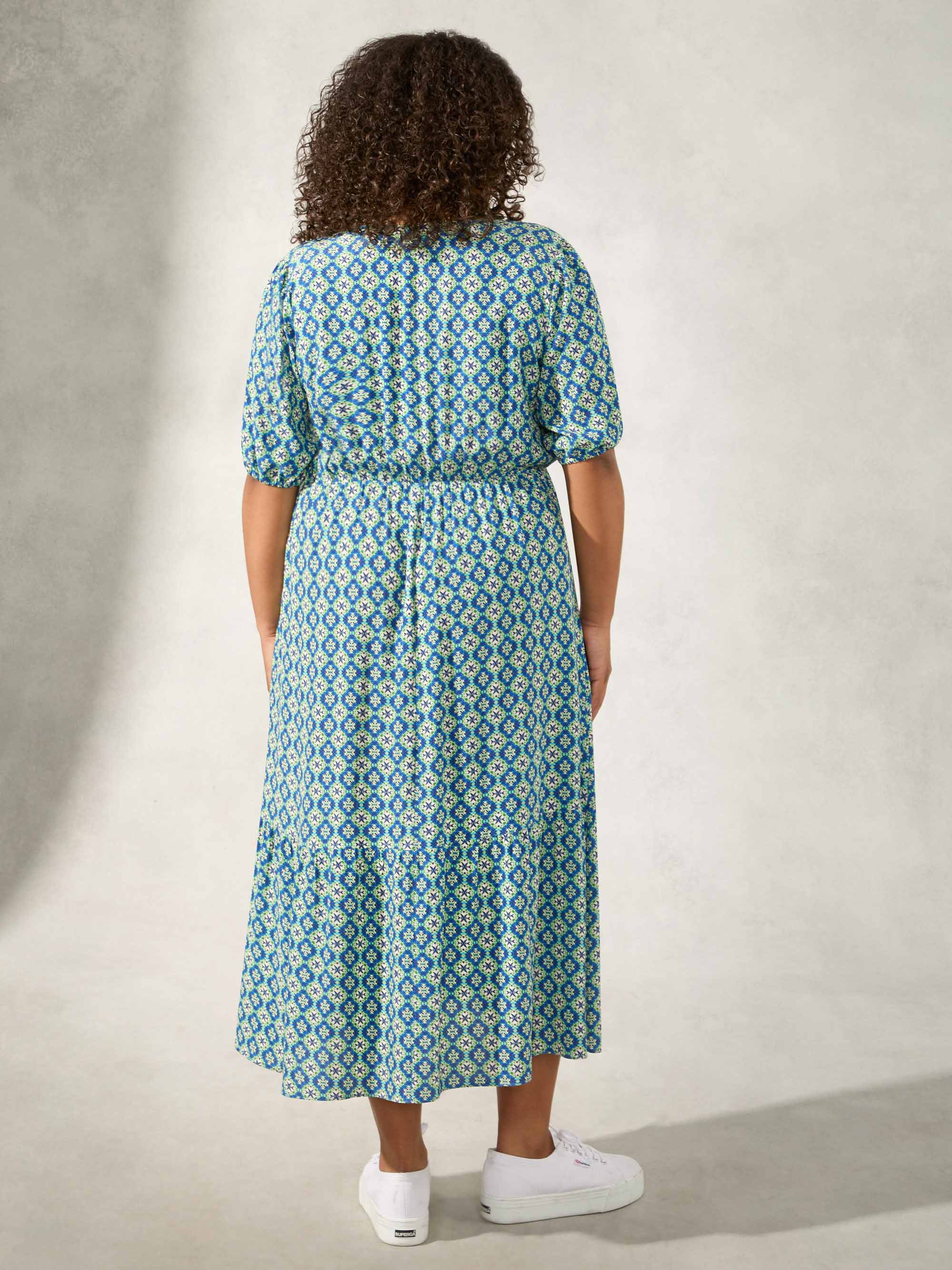 Blue Tile Print Tiered Midi Dress - Image 4