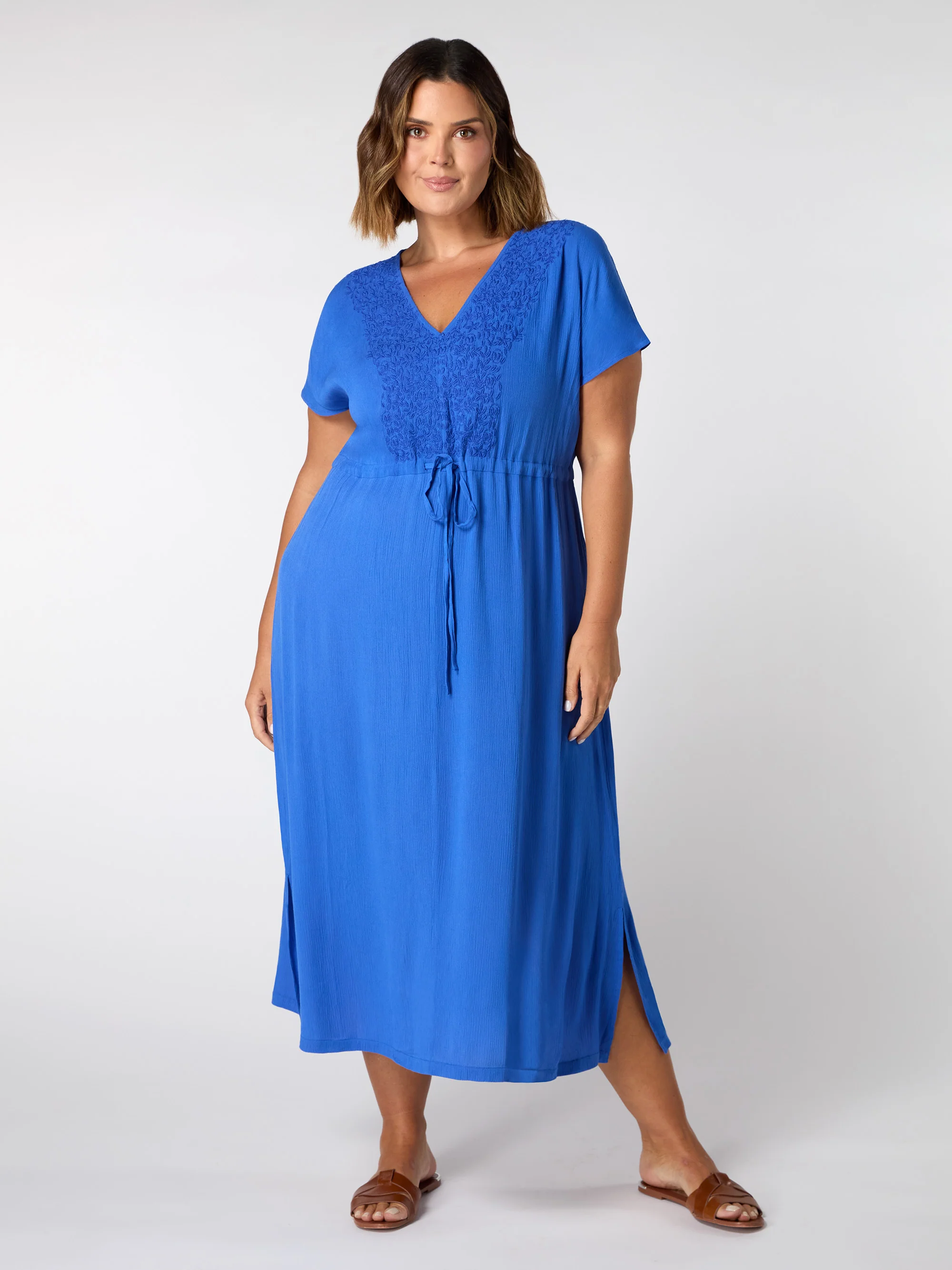 Blue Viscose Crinkle Embroidered Dress - Image 2